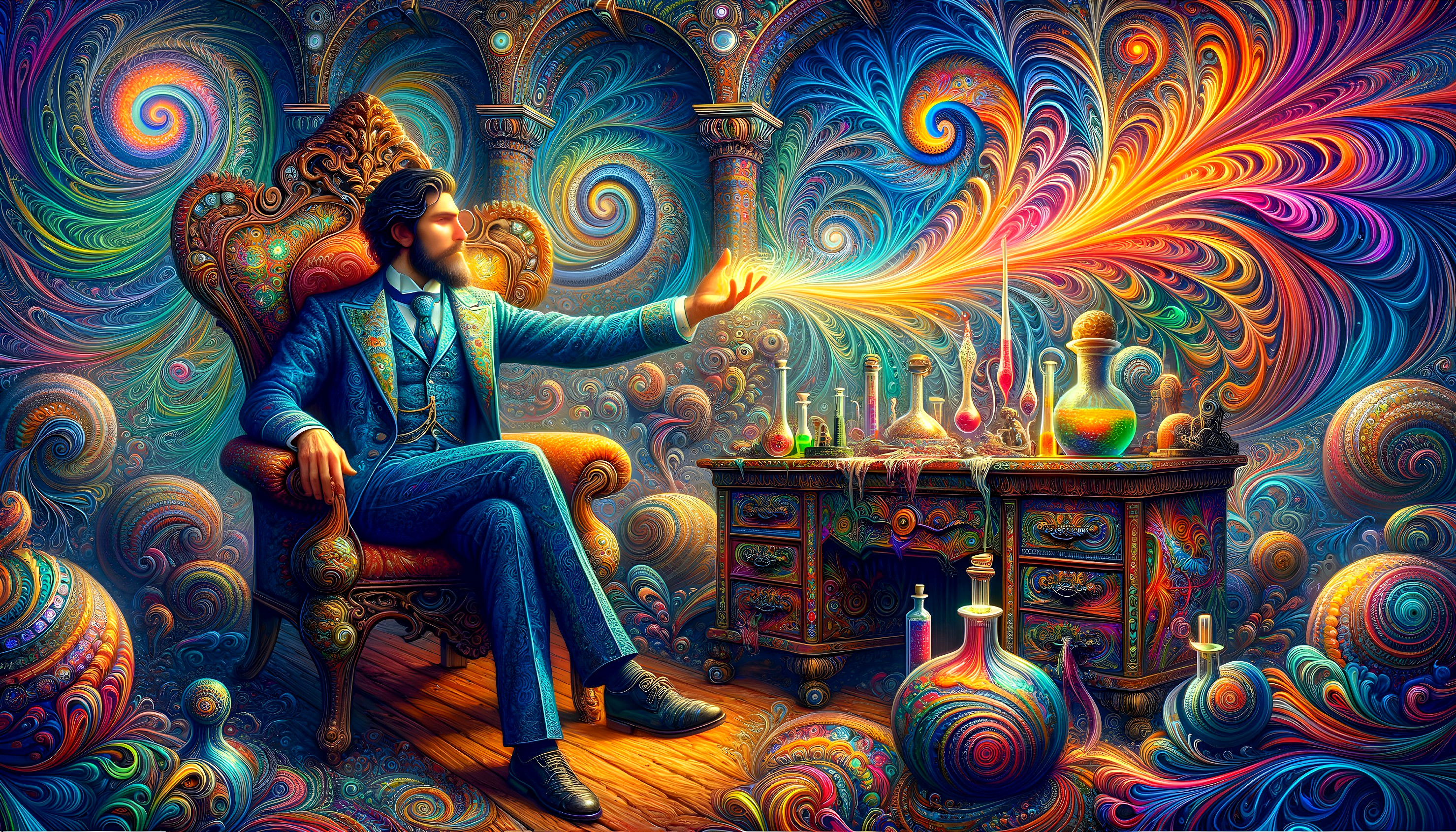 Surreal Scene of a Man in a Colorful Laboratory