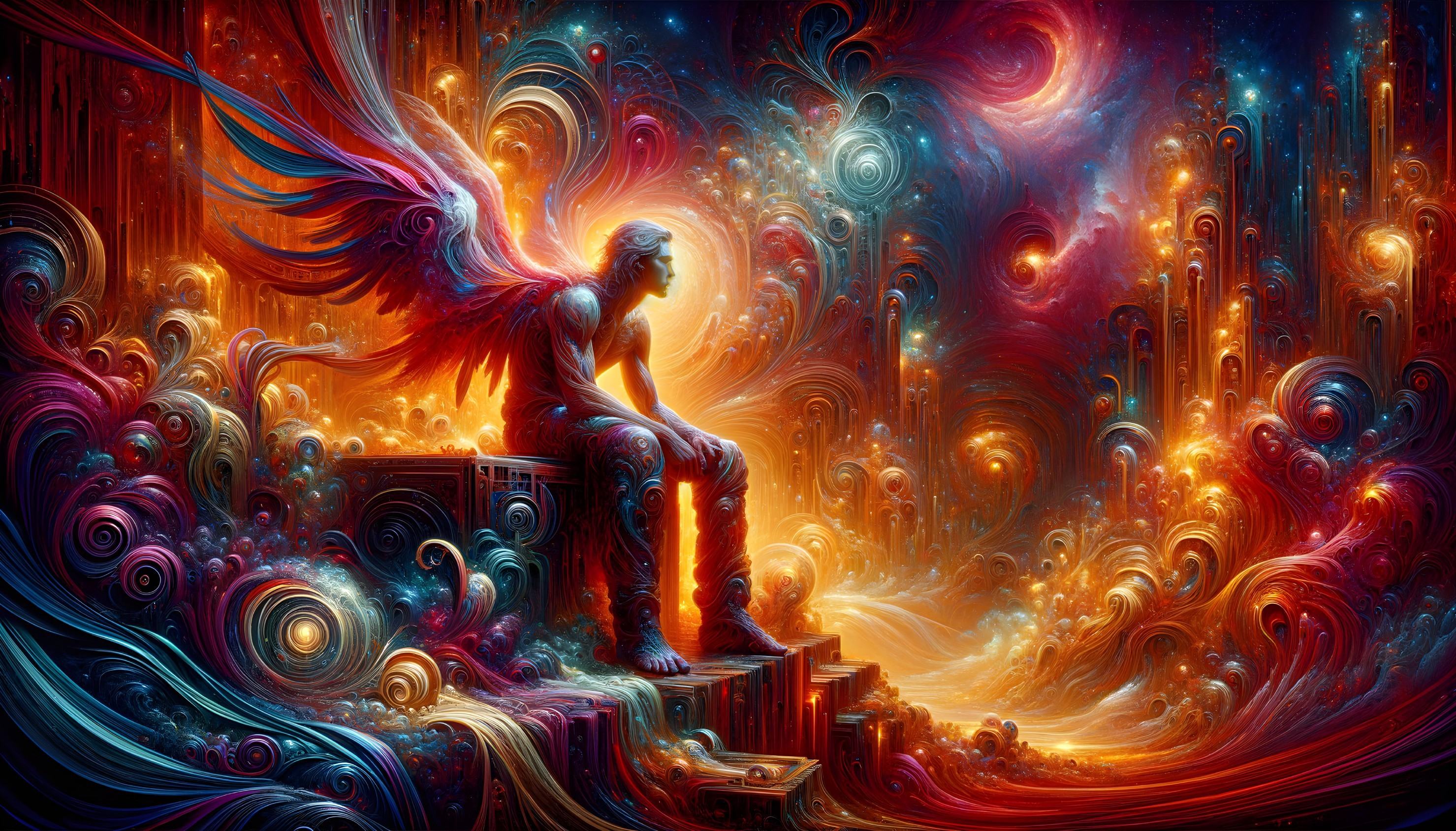 Celestial Figure with Vibrant Wings in Cosmic Landscape