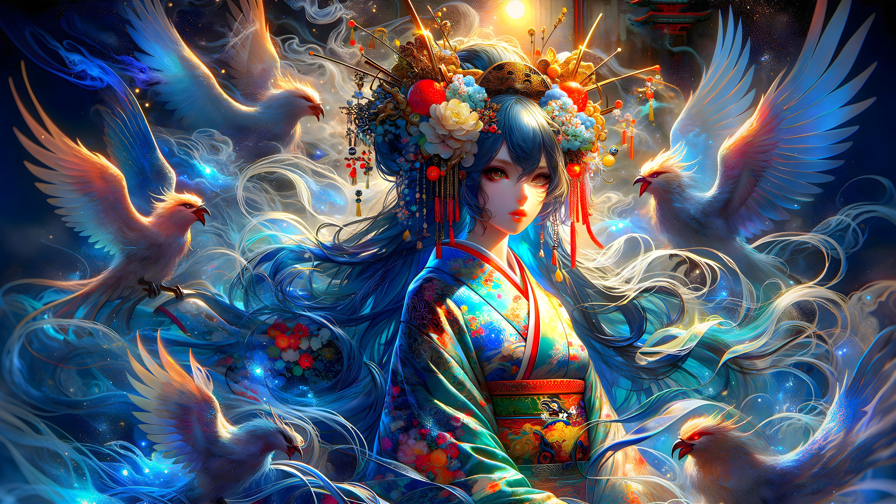 Mystical figure in vibrant kimono with floral patterns