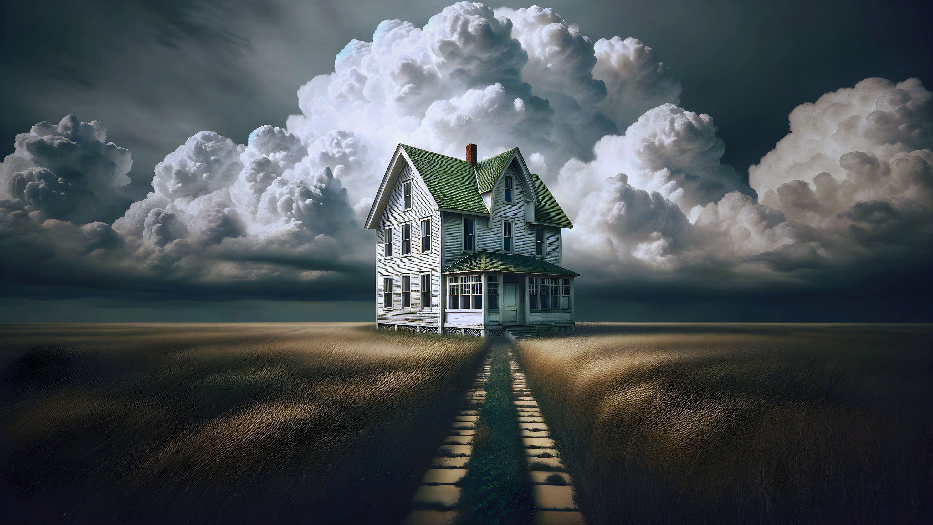 Vintage House Surrounded by Golden Grass and Clouds