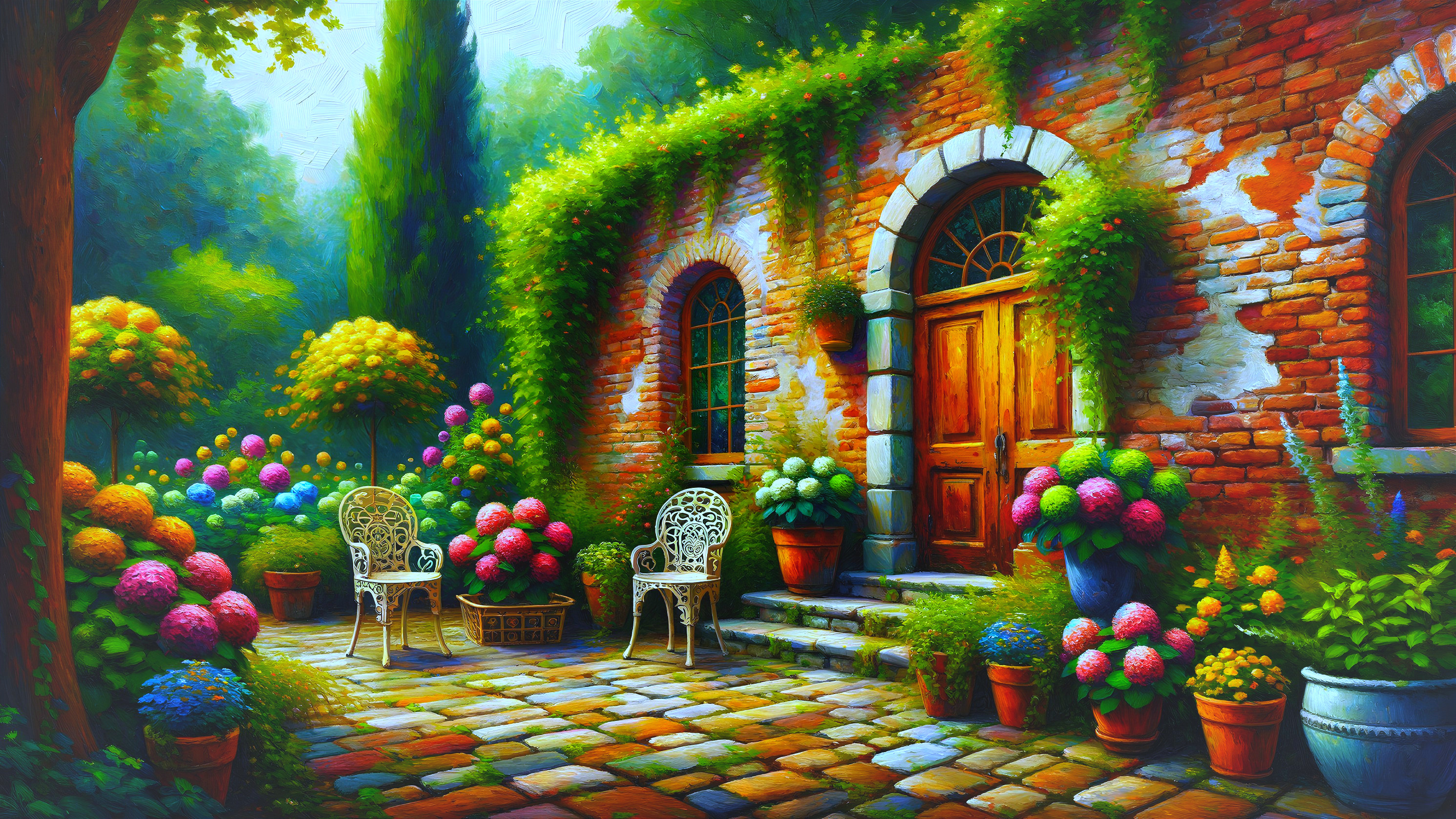 Vibrant Garden Scene with Brick Wall and Flowers