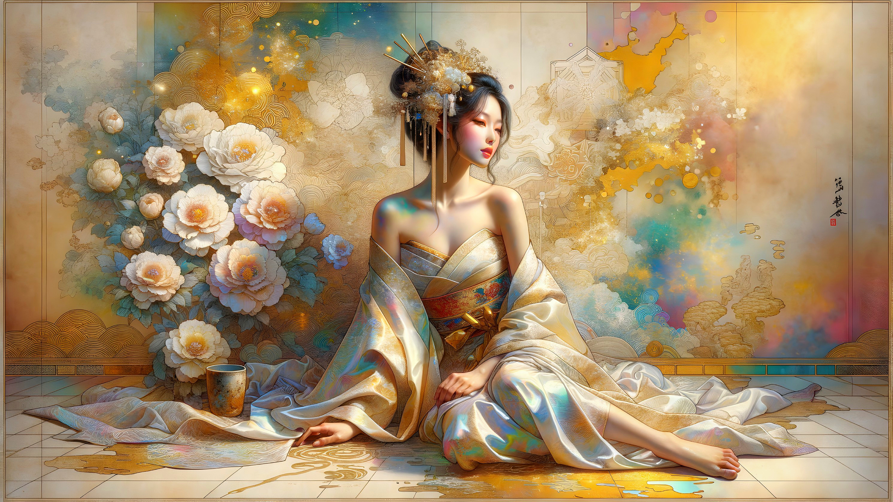 Serene Woman in Traditional Attire Surrounded by Peonies