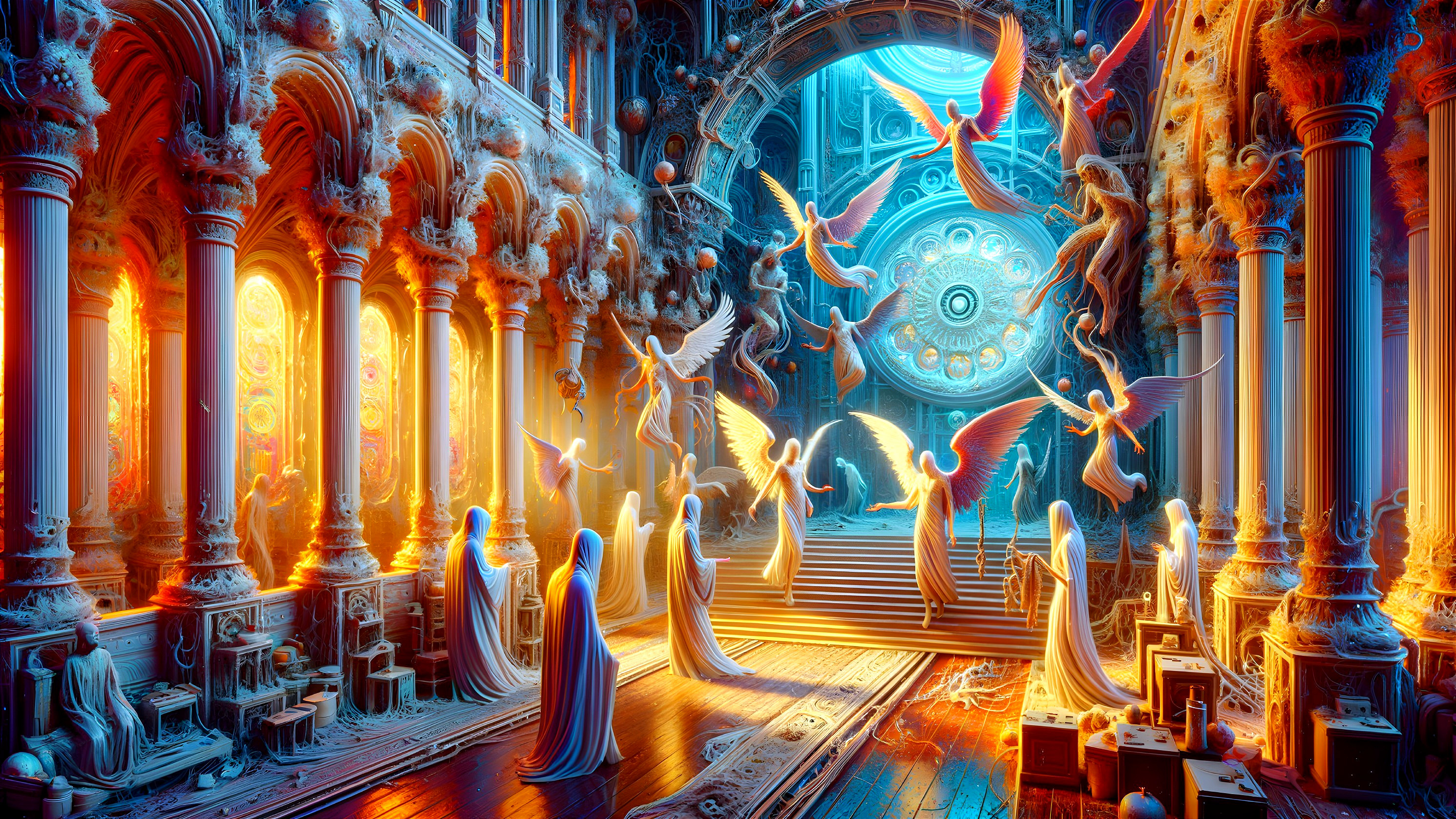Ethereal Hall with Angelic Figures and Intricate Design