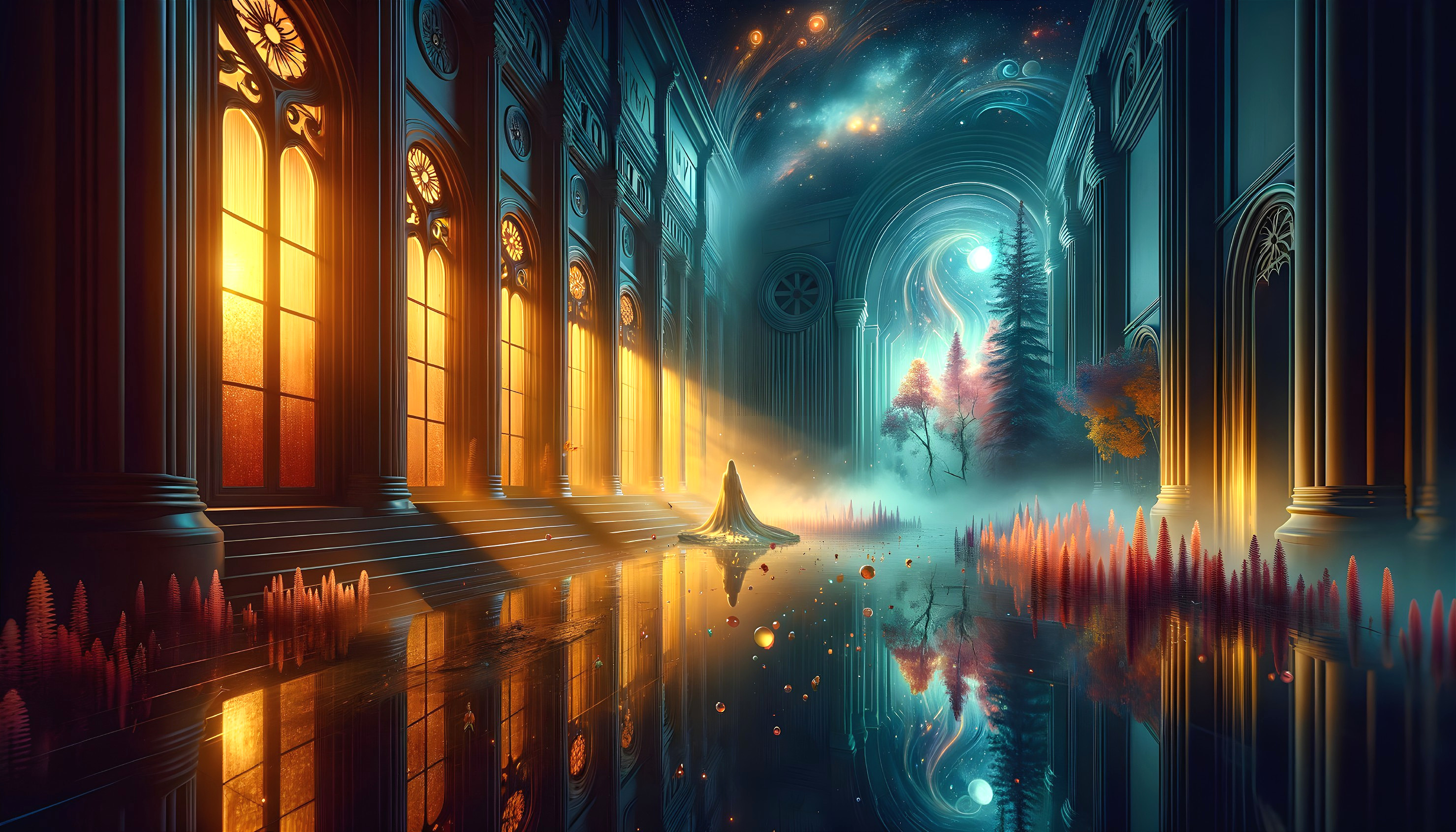 Surreal Corridor with Gothic Architecture and Cosmic Elements