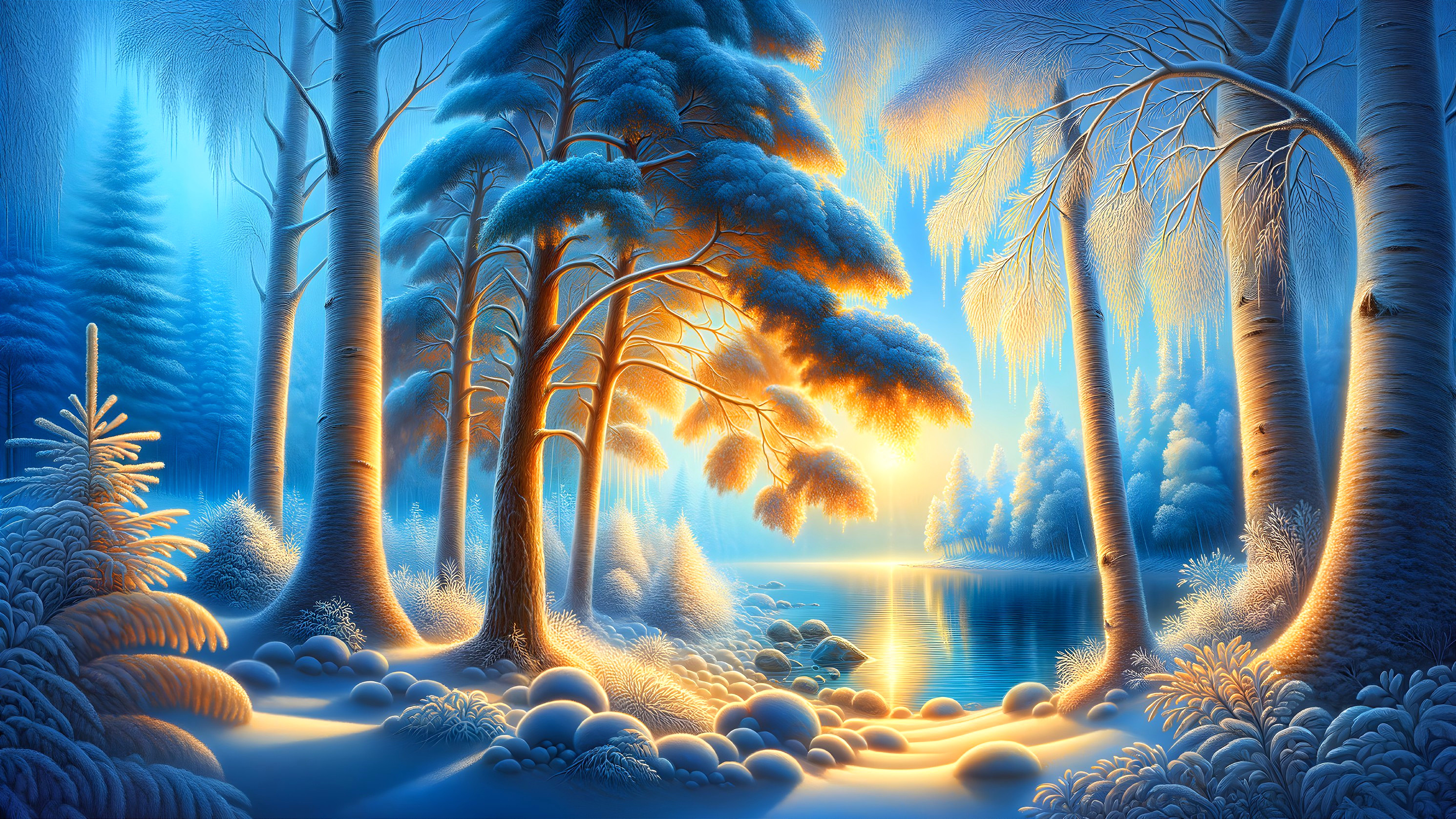 Serene Winter Landscape with Frosted Trees and Lake