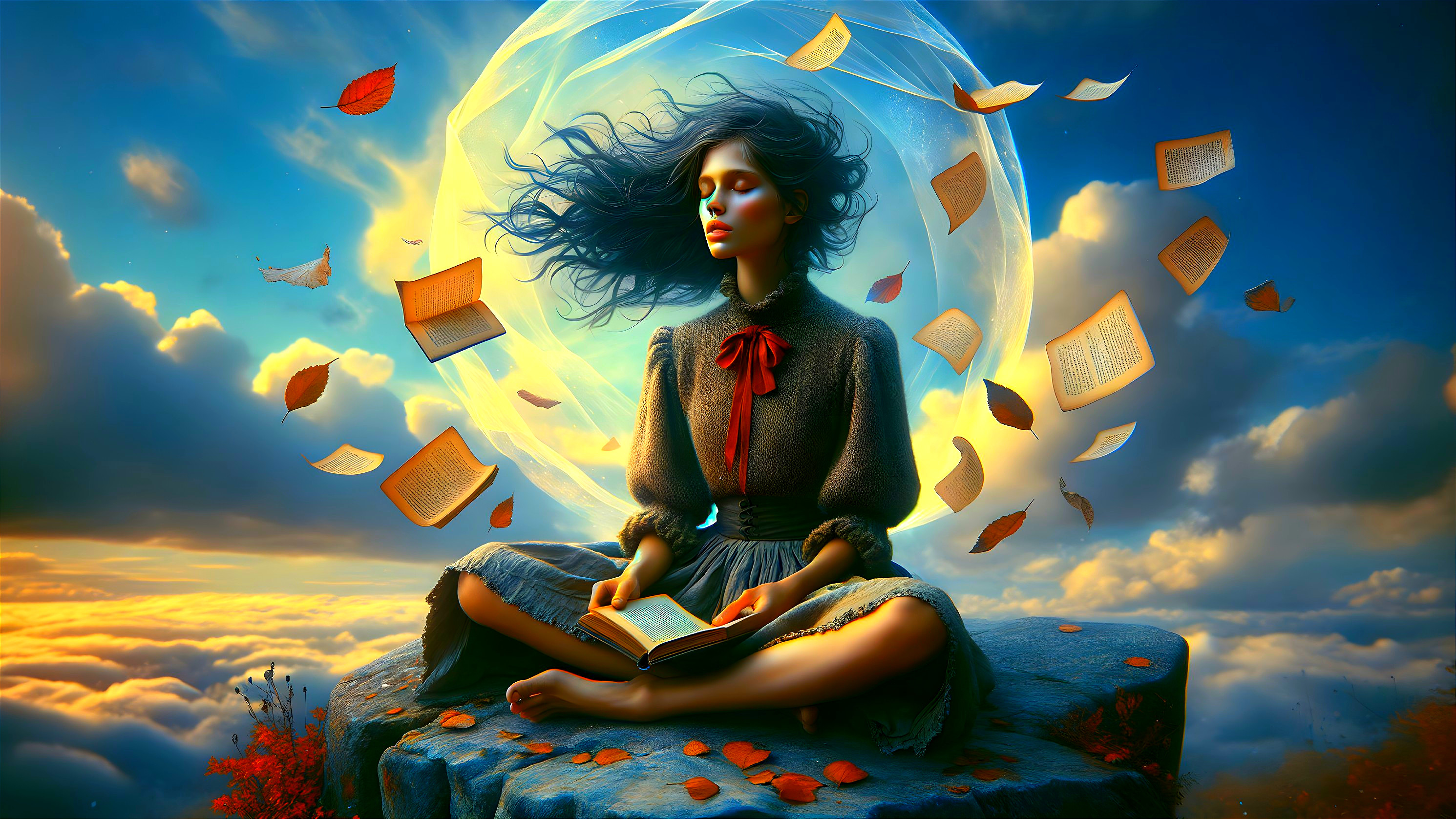 Serene Figure Reading Above the Clouds at Sunset