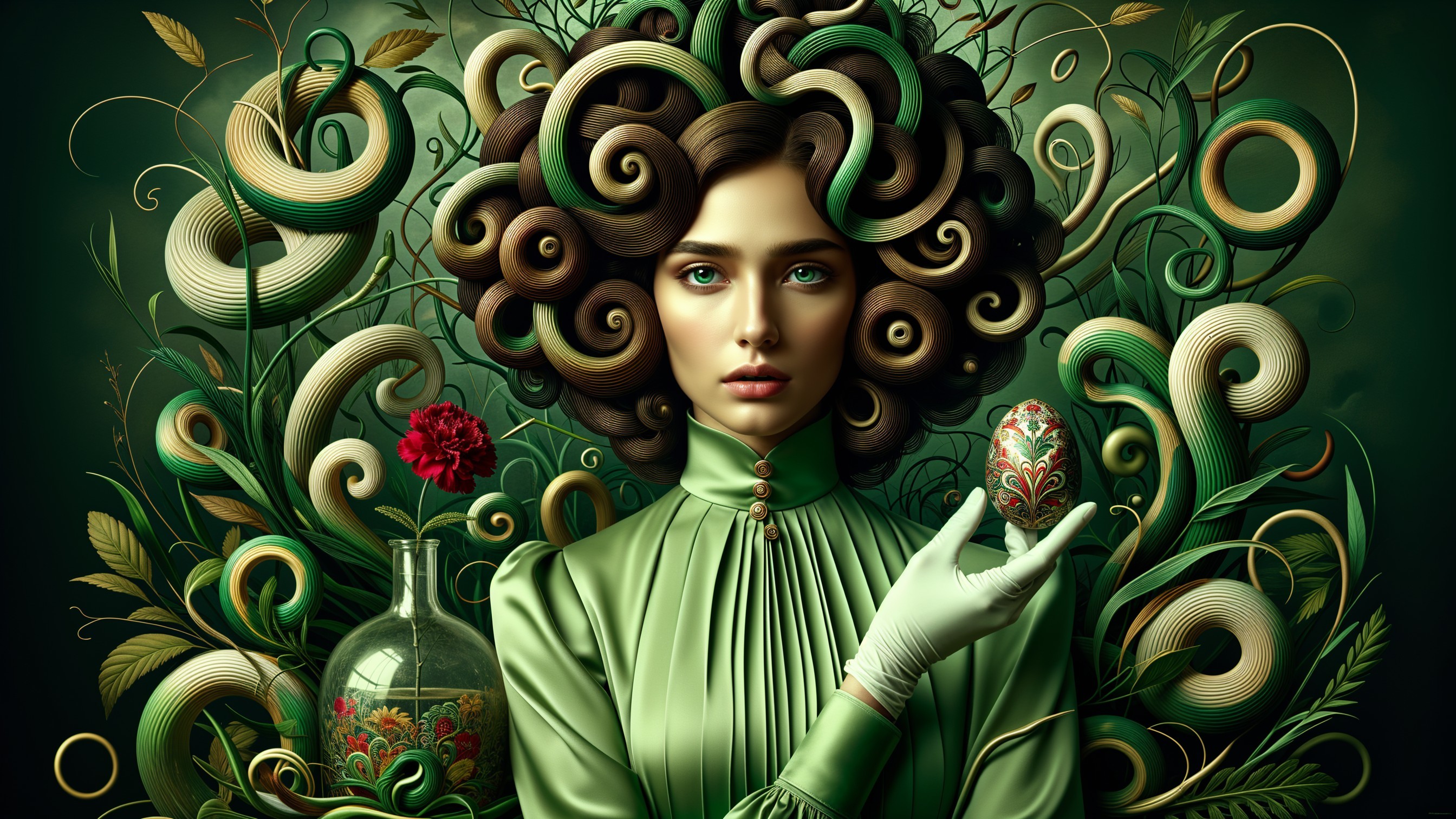 Woman with Spiraled Hair and Decorative Egg in Nature