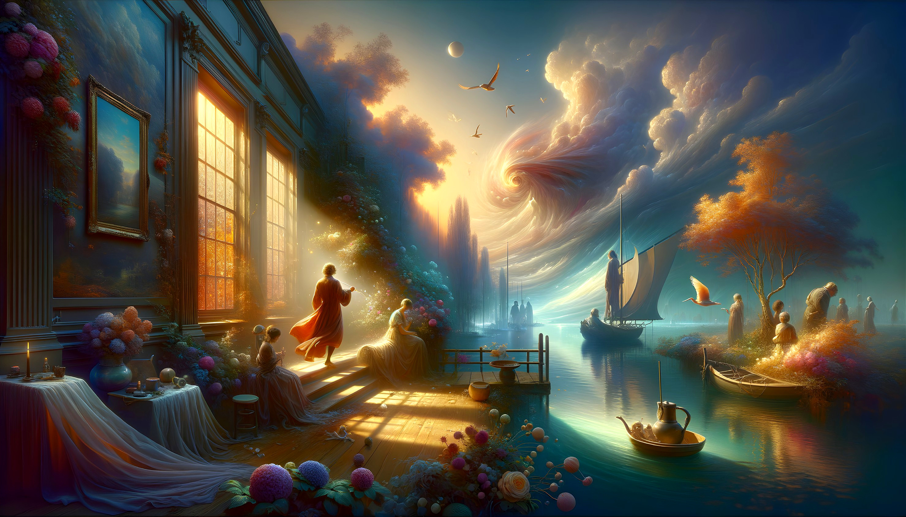 Surreal Waterfront Scene with Nature and Architecture