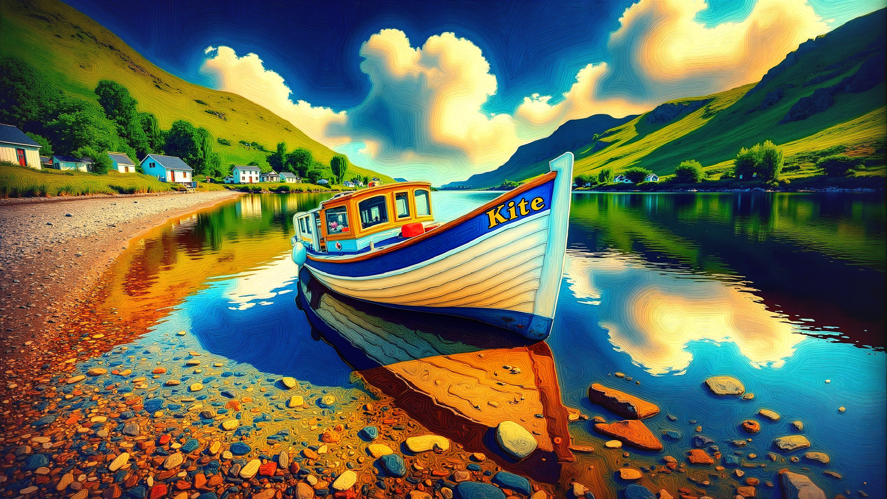 Lakeside Scene with Colorful Boat and Lush Hills