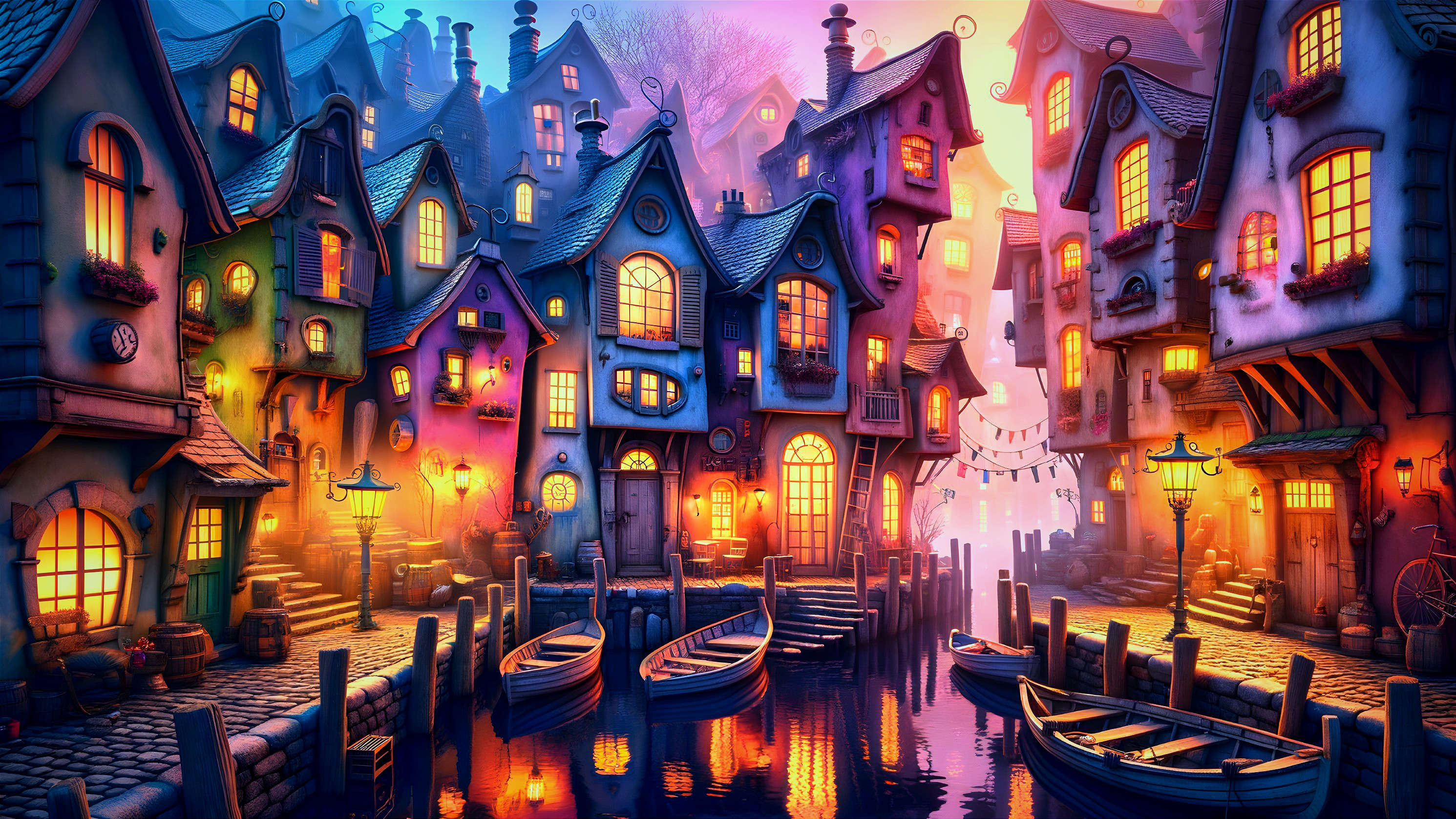 Charming Waterway with Colorful Houses and Lanterns