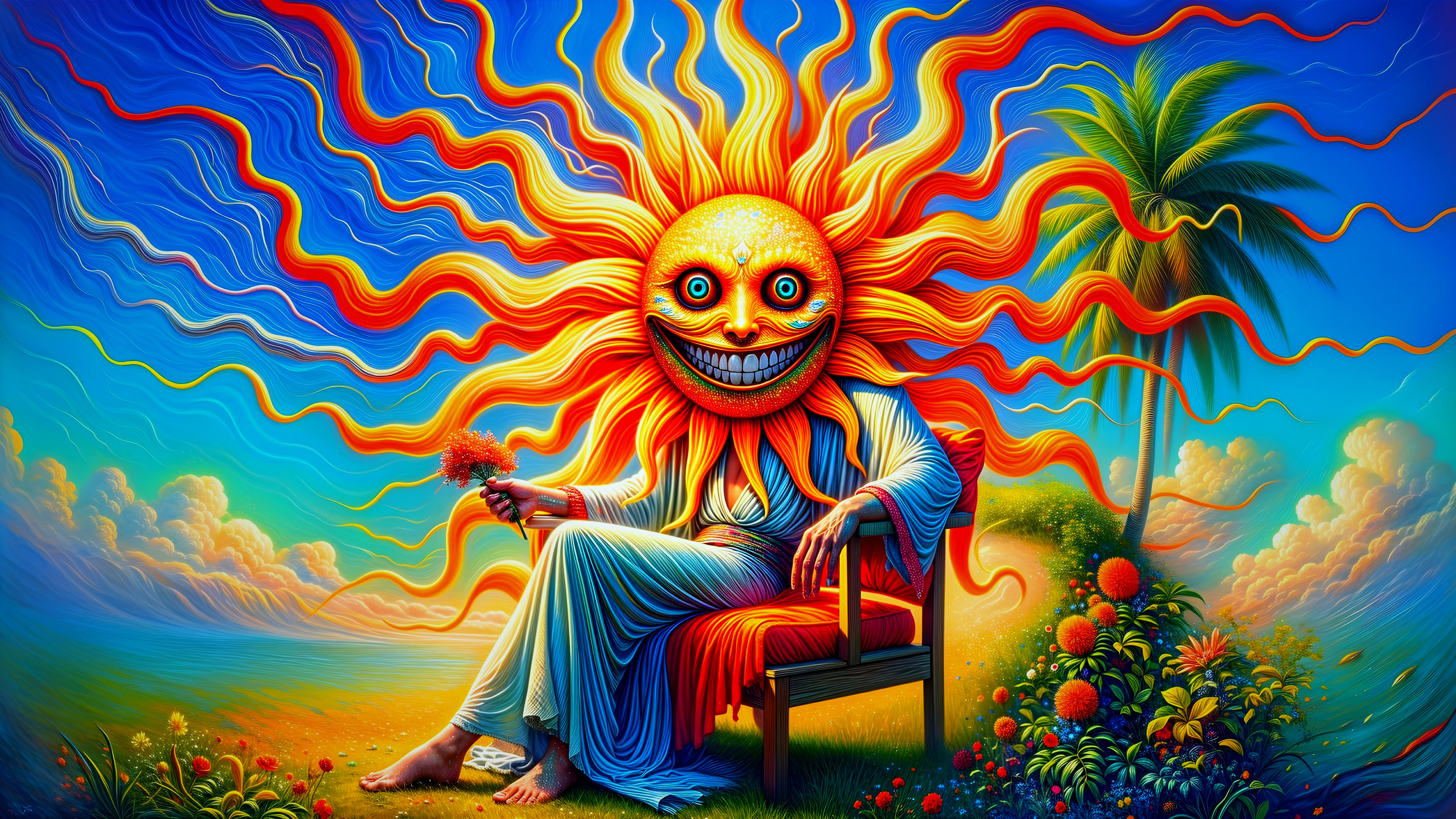 Vibrant sun figure with tropical elements and greenery