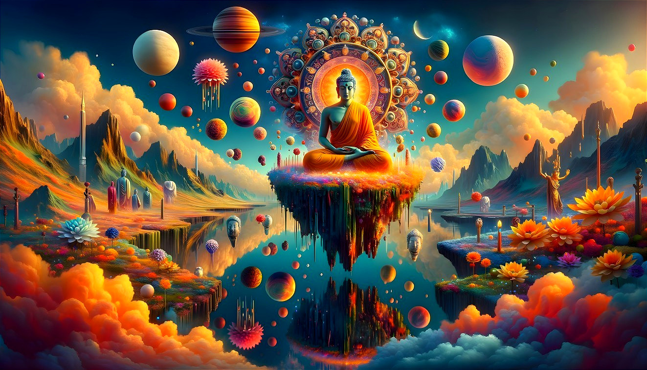 Buddha Meditating on a Floating Island in a Surreal Scene