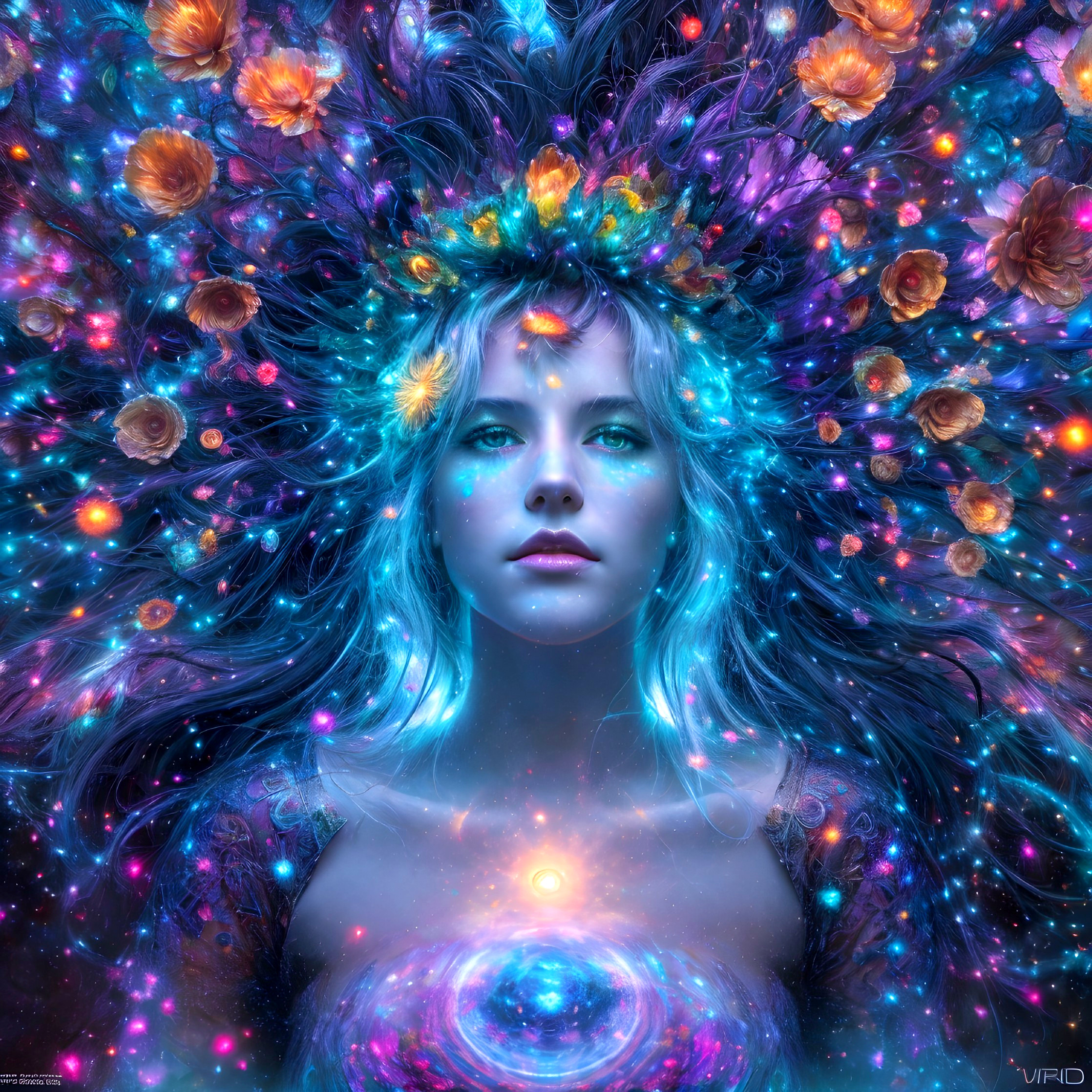 Surreal portrait of woman with blue hair and glowing eyes surrounded by flowers and cosmic patterns