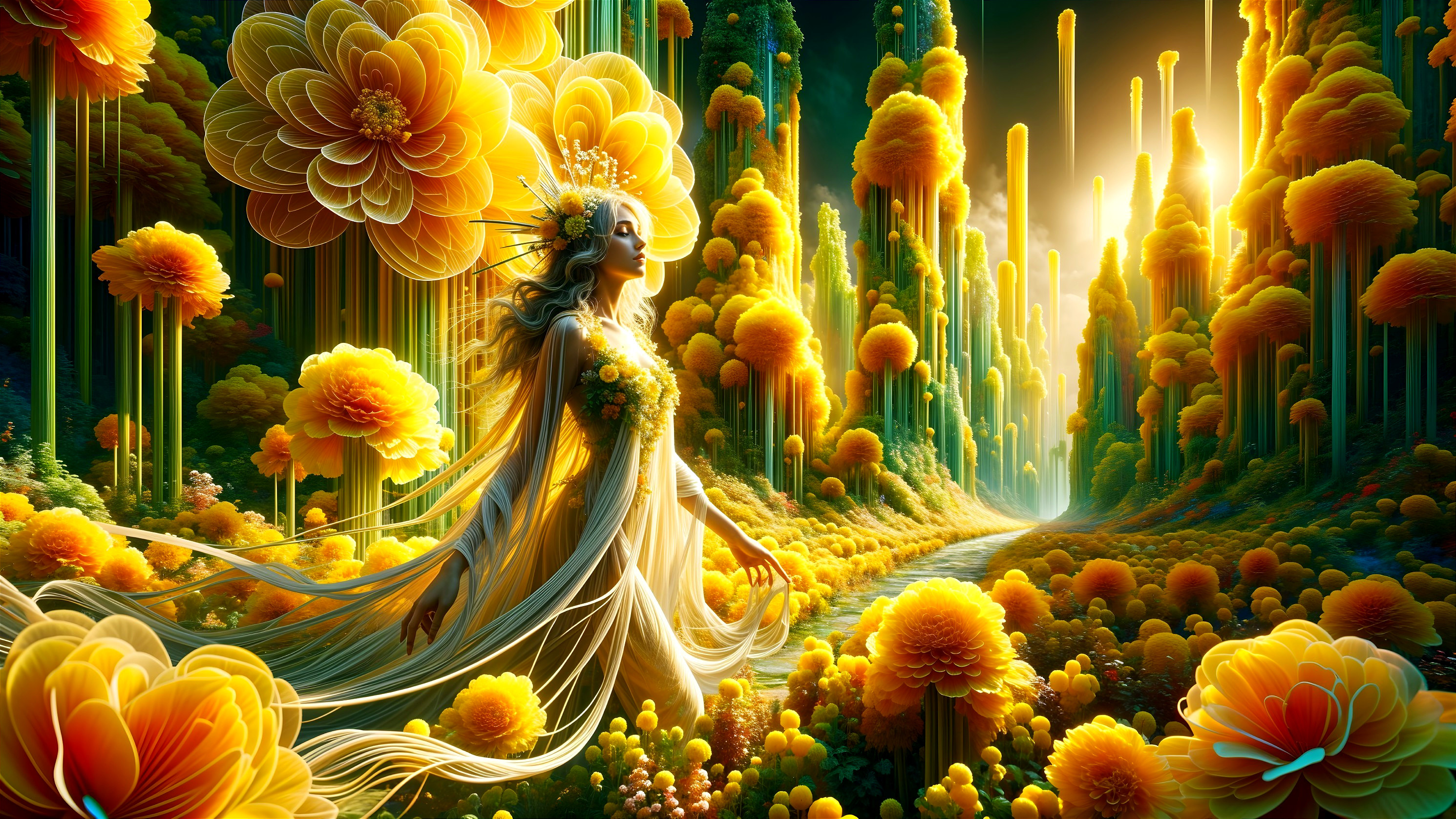 Ethereal Figure in Vibrant Floral Landscape