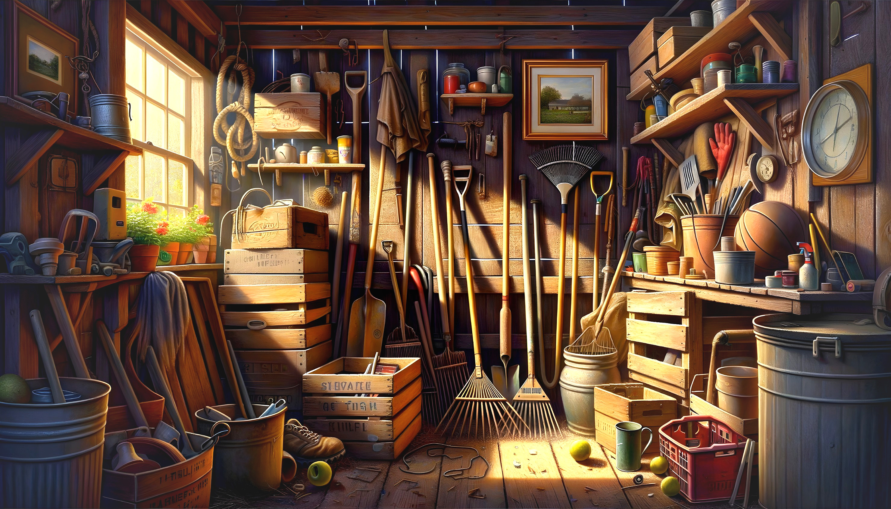 Organized garden shed with tools, crates, watering cans, and sunlit window