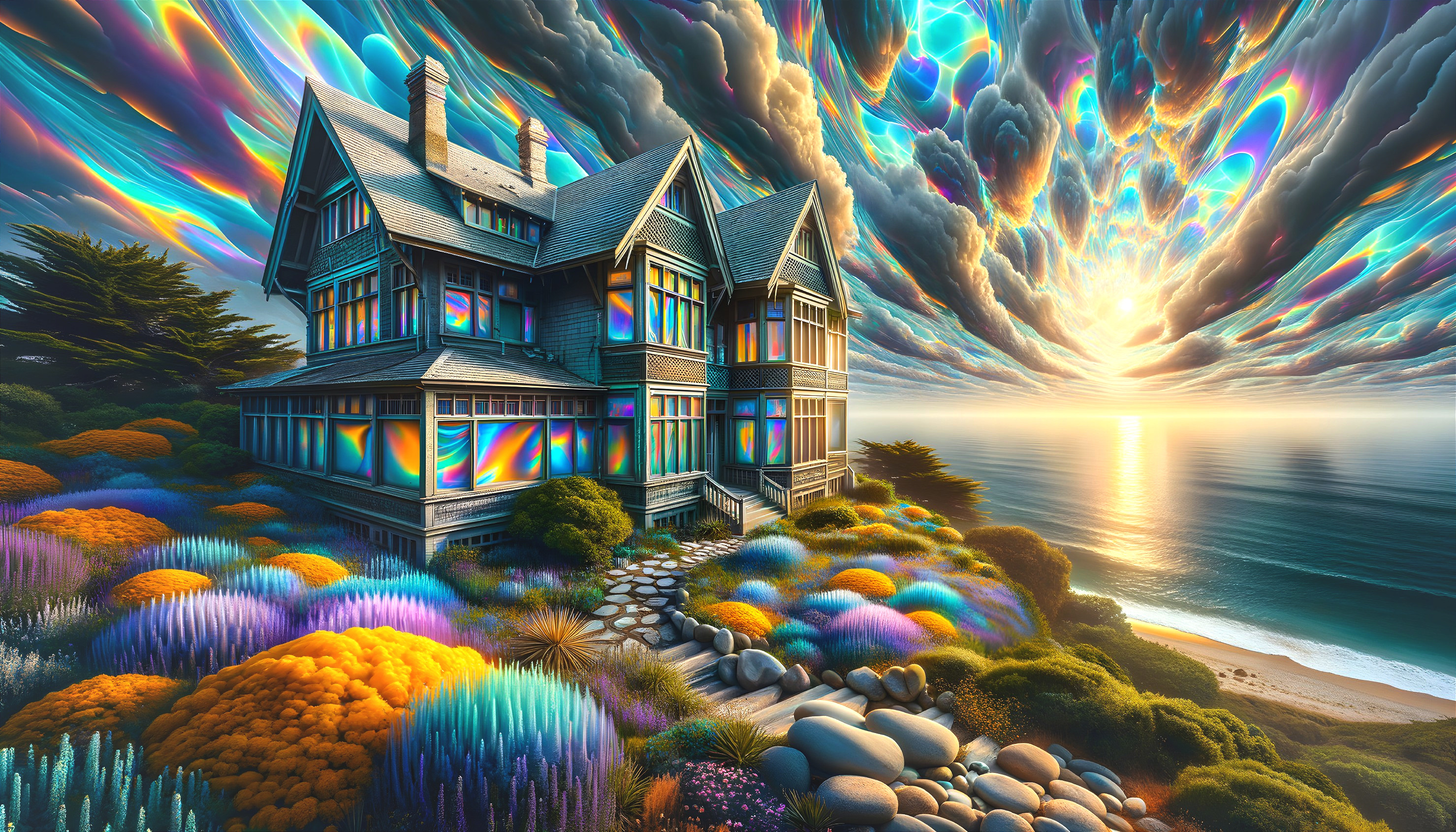 Surreal Landscape with Grand House and Vibrant Sunset
