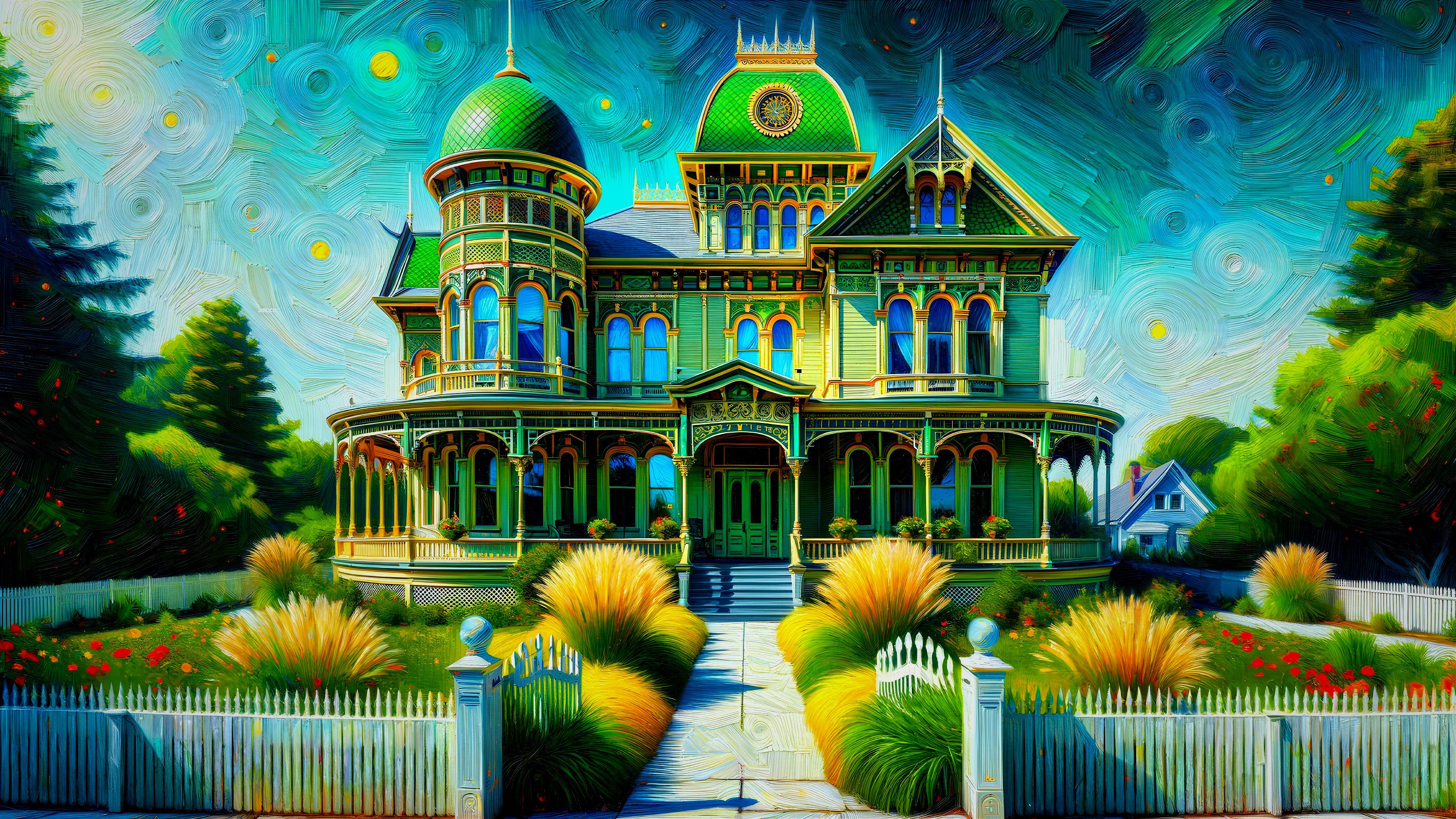 Victorian Mansion with Lush Gardens and Turrets