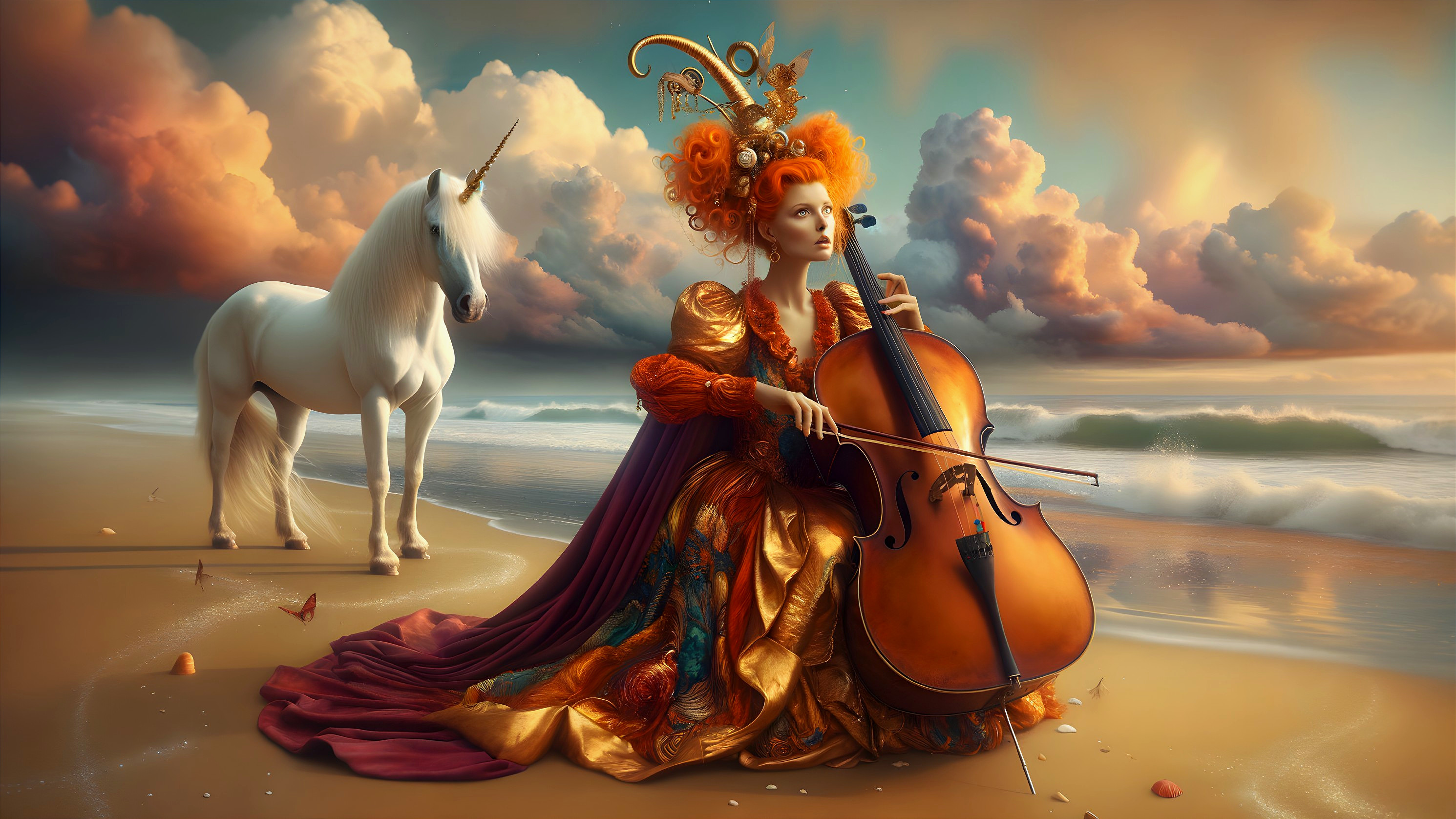 Regal Woman Playing Cello with Unicorn at Sunset