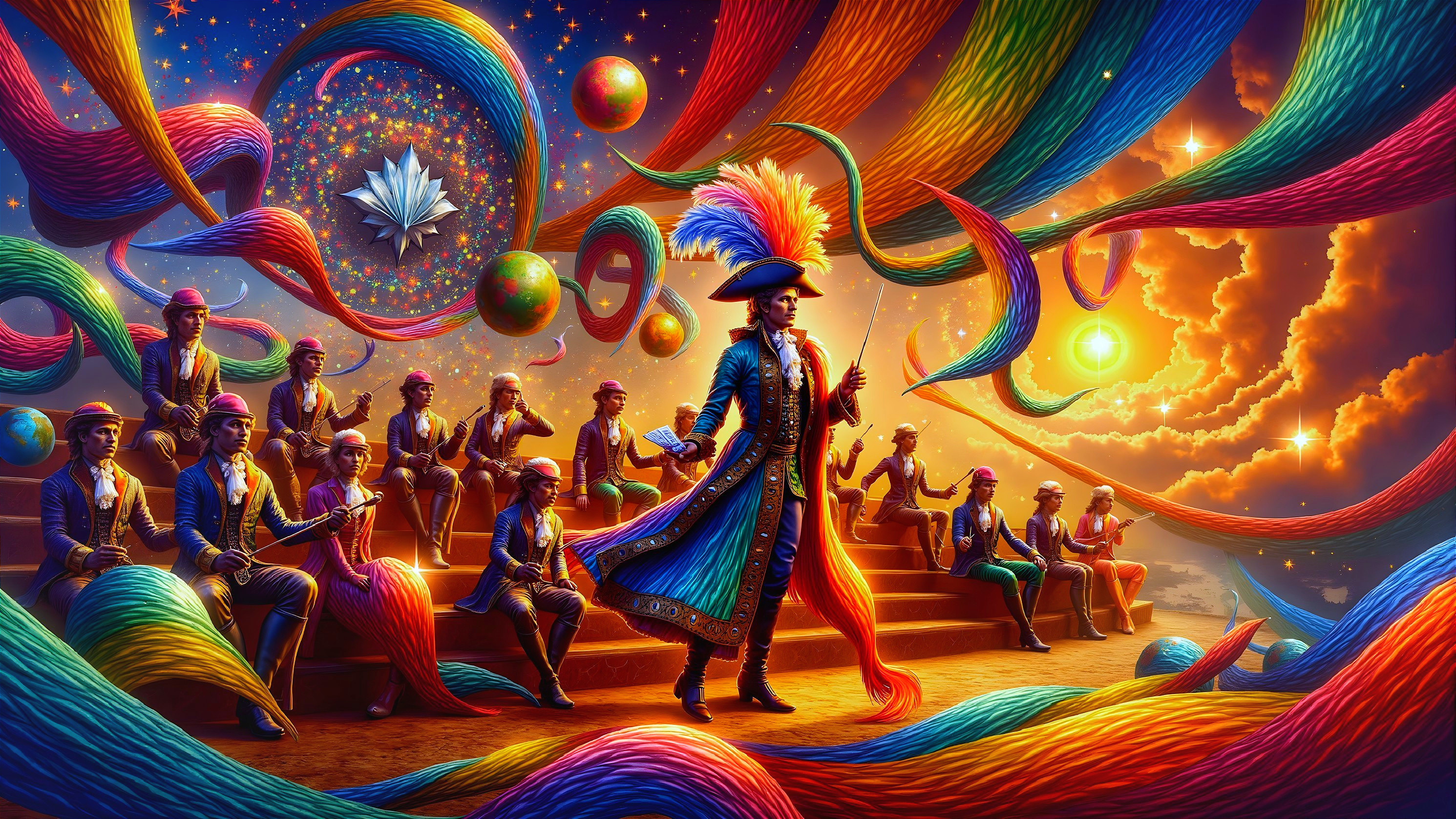 Surreal Scene of Costumed Figure Amid Cosmic Colors