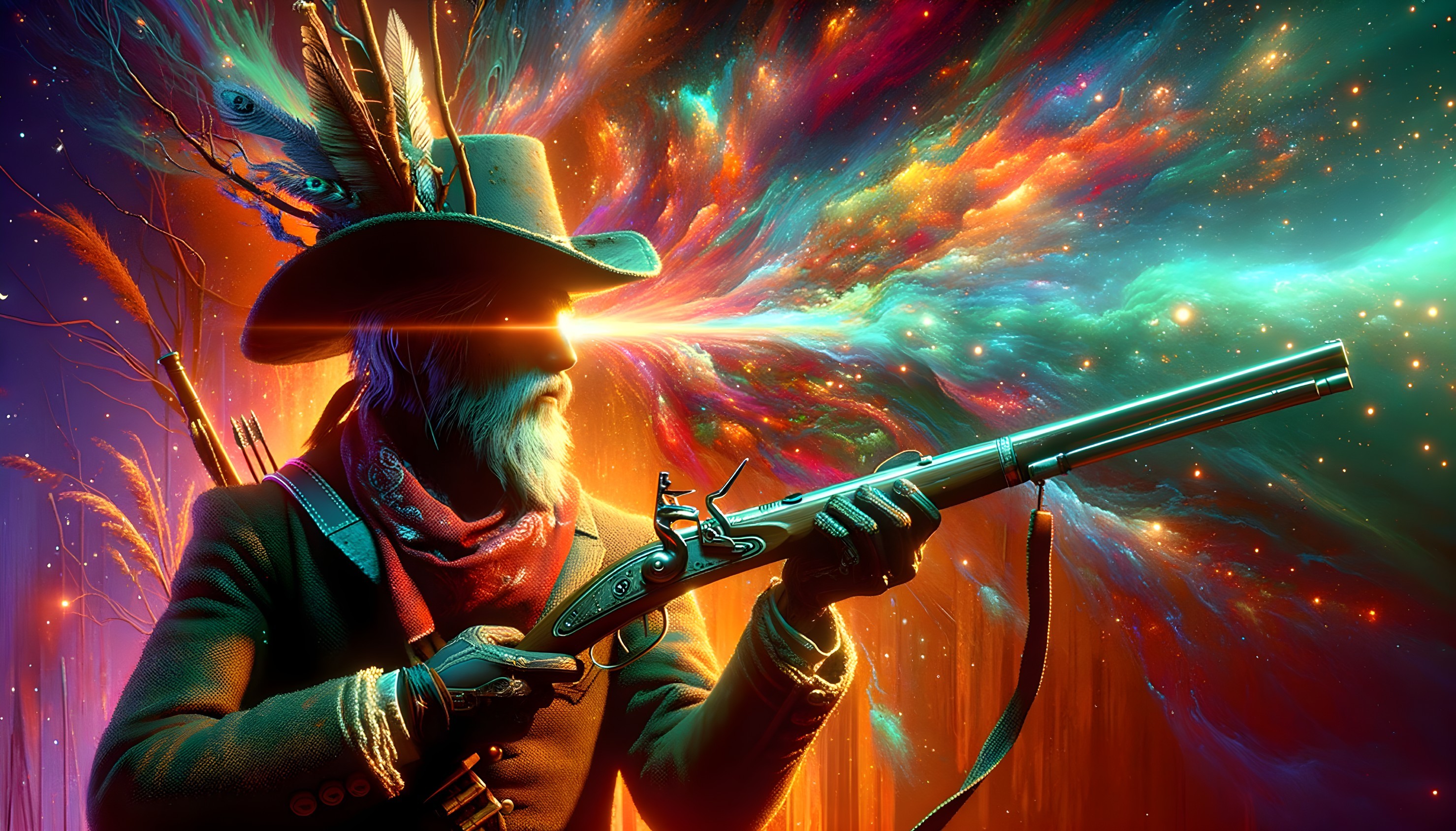 Stylized cowboy with glowing hat and rifle in cosmic background