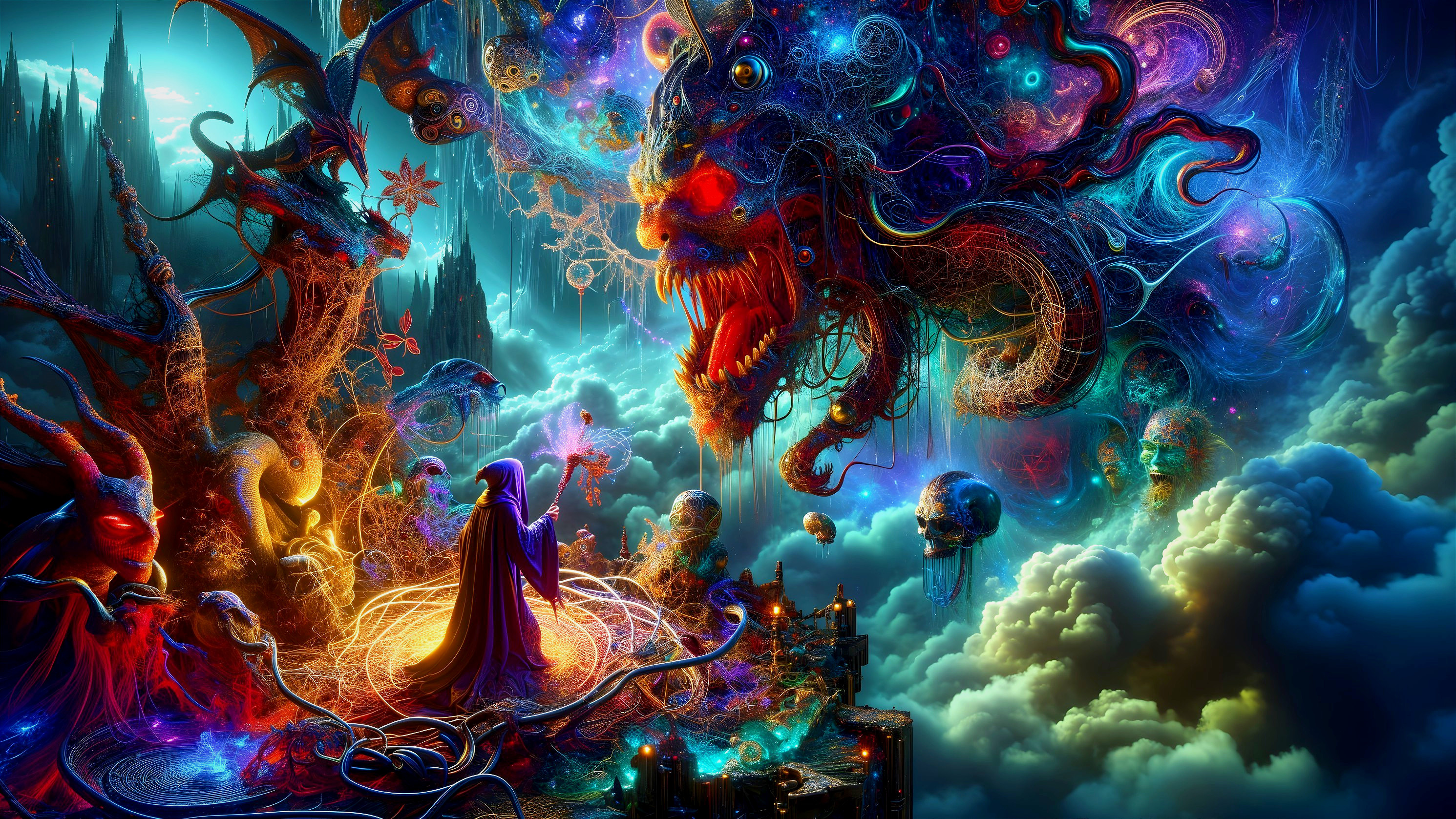 Vibrant Fantastical Scene with Ethereal Creatures