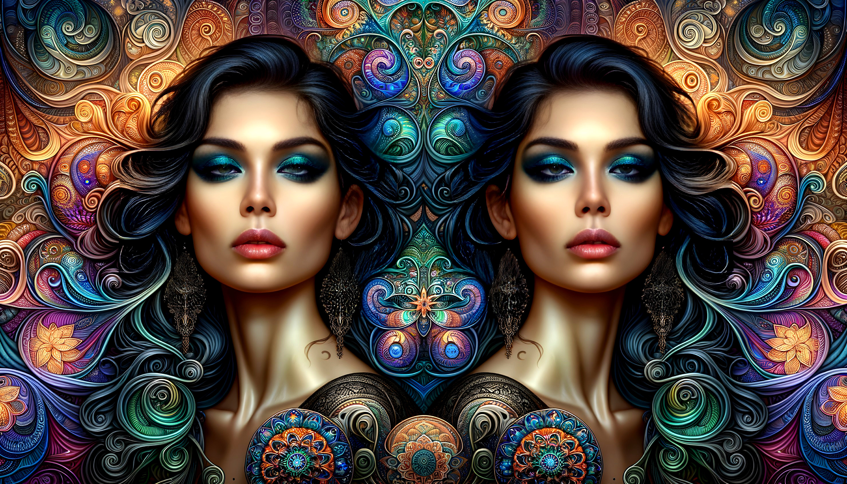 Symmetrical Portrait of a Woman with Vibrant Patterns