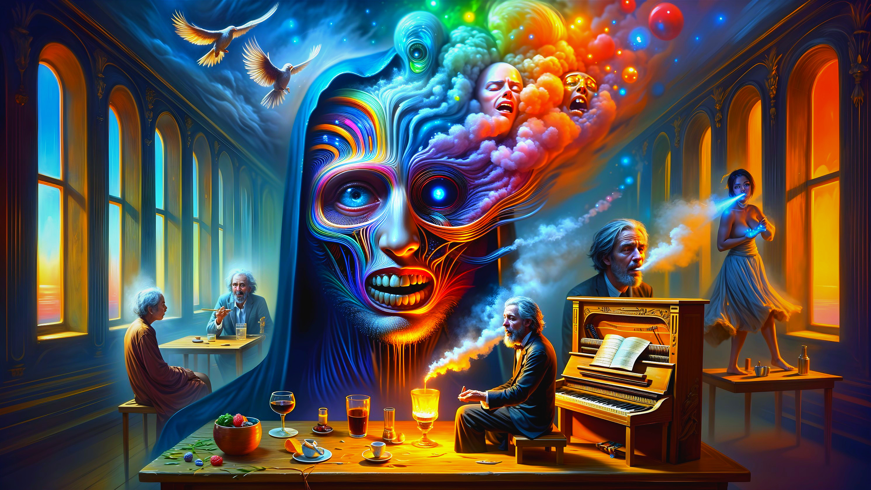 Surreal Scene with Vibrant Colors and Dreamlike Elements