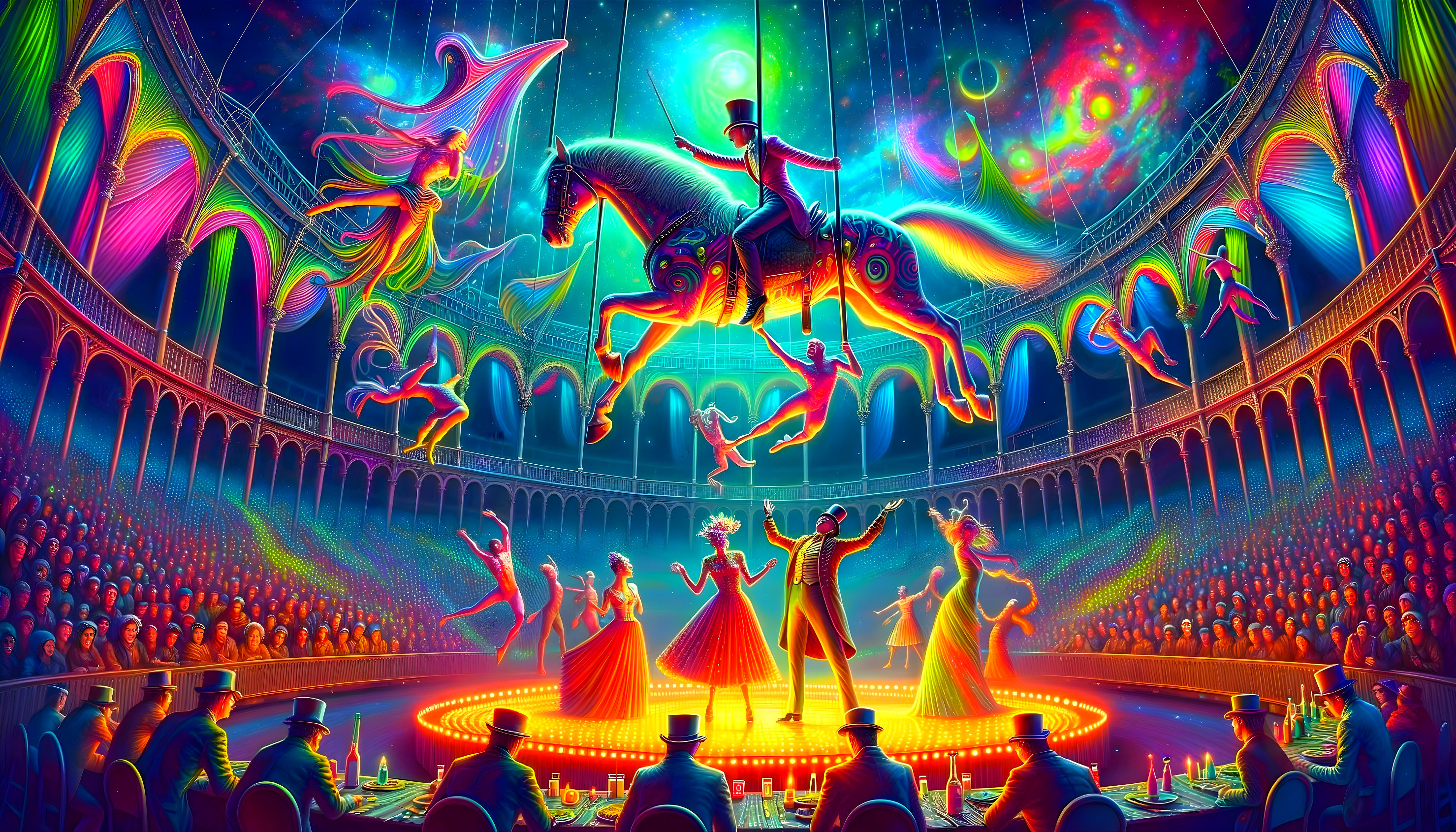 Colorful surreal circus scene with performers, horse, audience, and cosmic ceiling