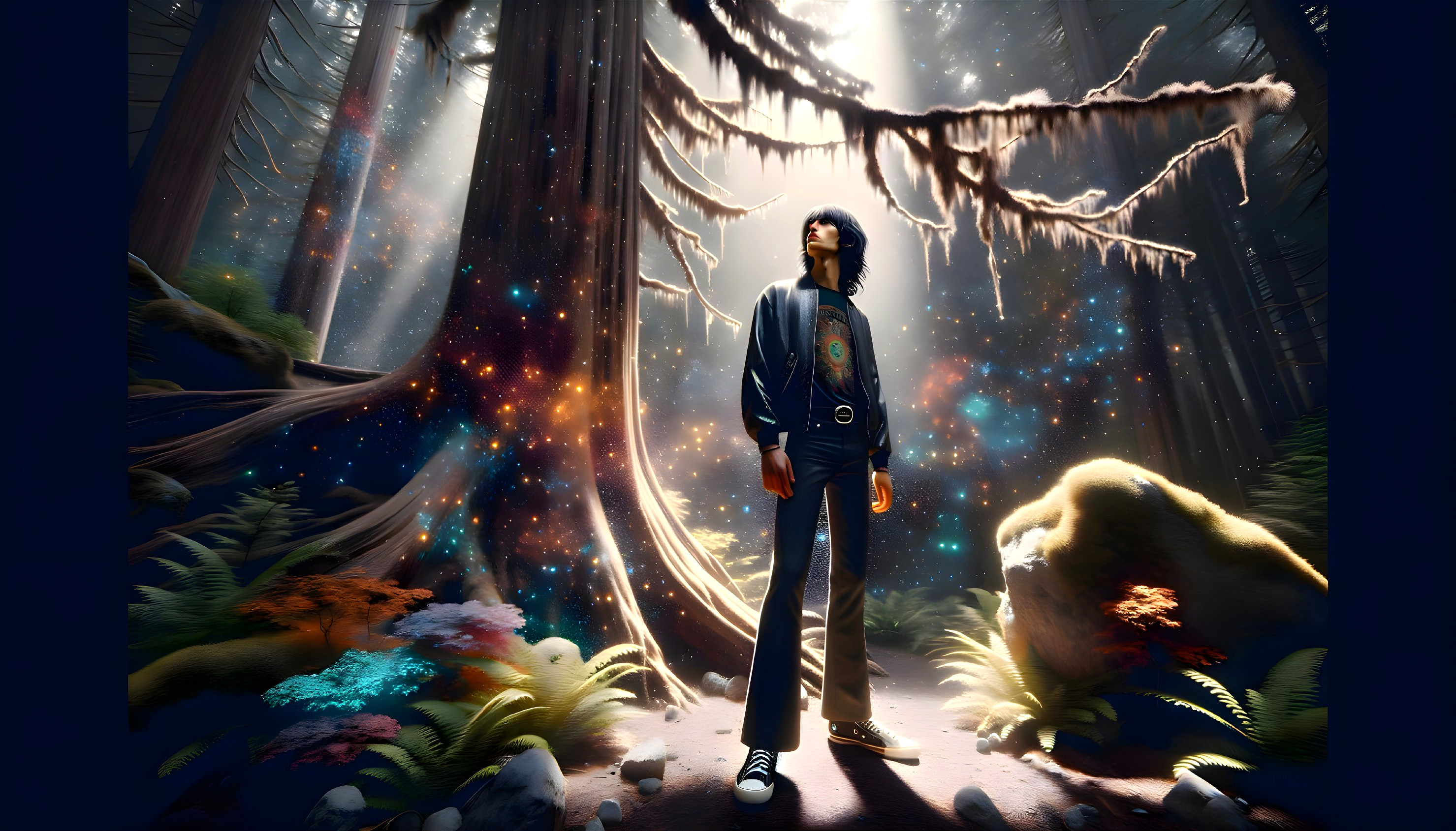 Person in a vibrant enchanted forest with soft light