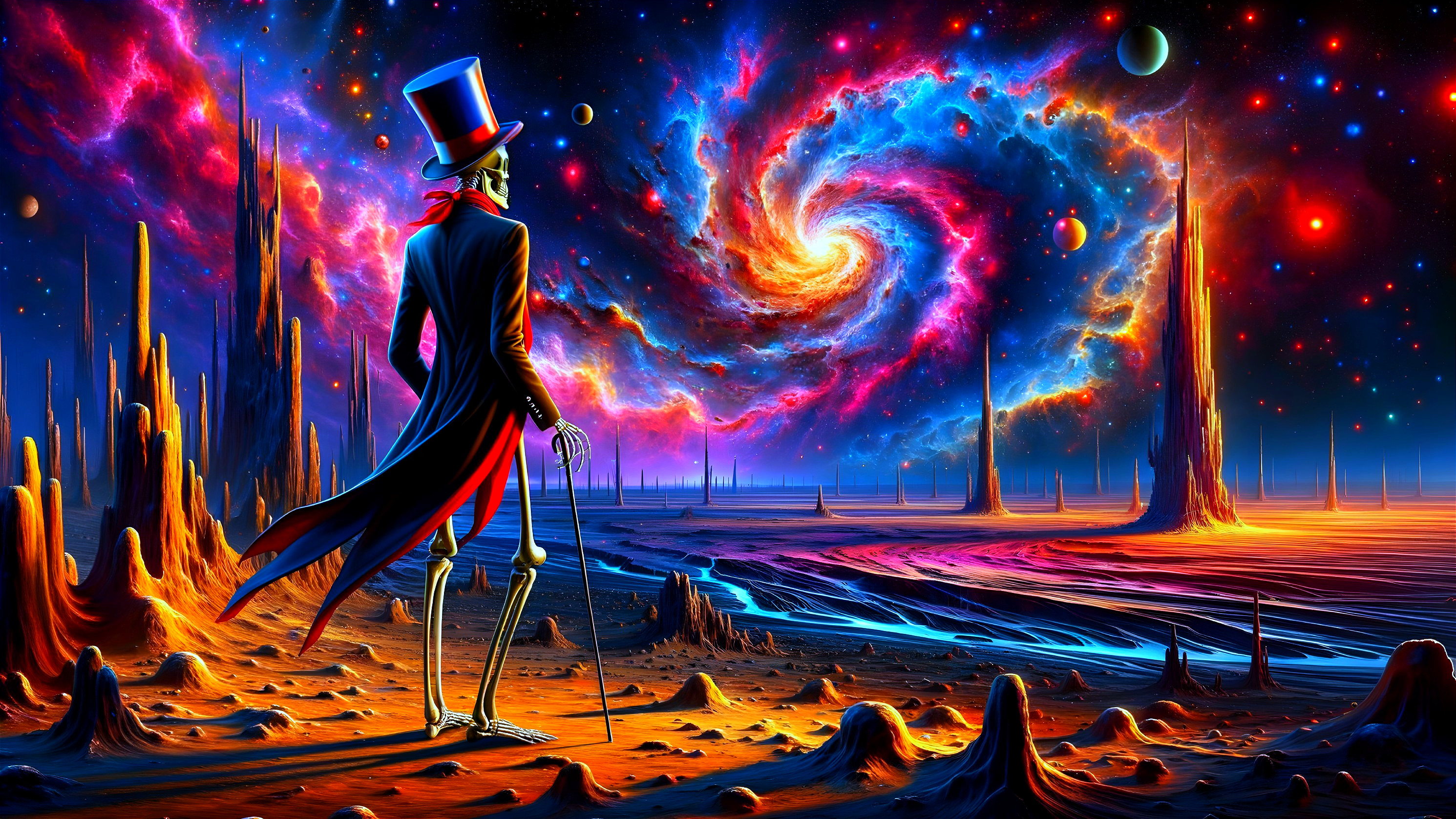 Skeletal Figure in Cosmic Landscape with Nebulae
