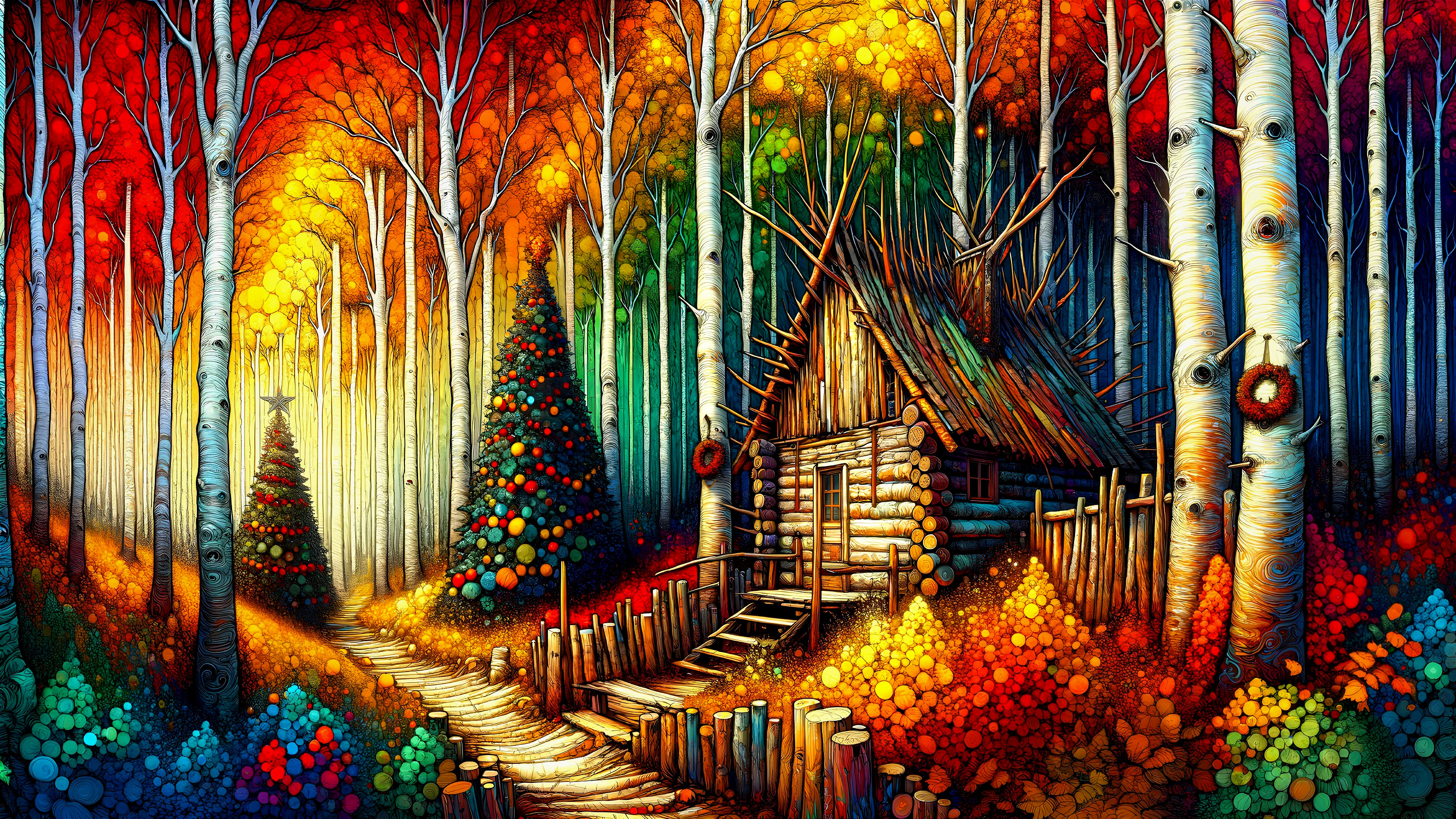 Autumn Forest Scene with Cabin and Christmas Trees