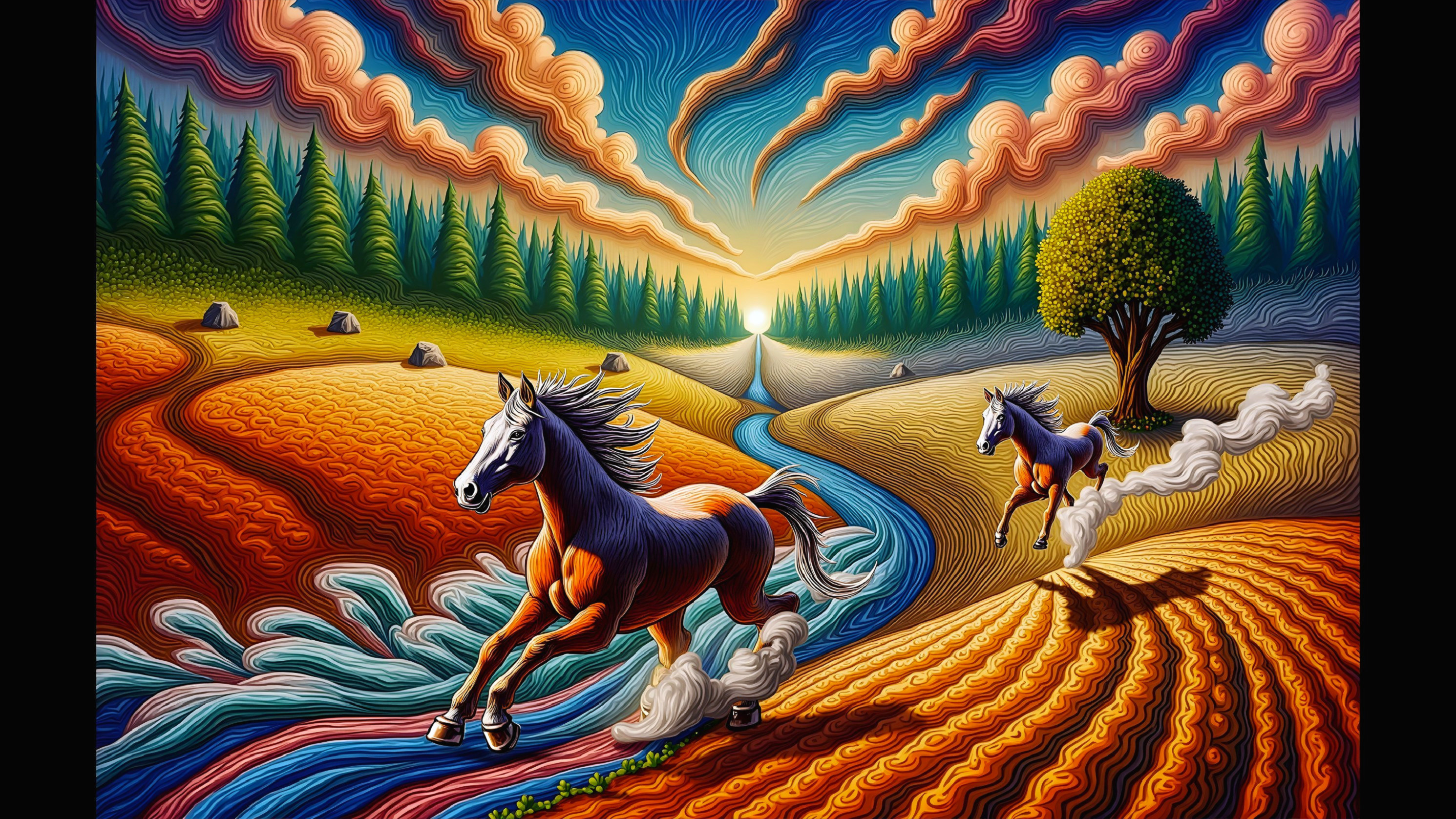 Vivid Landscape with Galloping Horses at Sunset