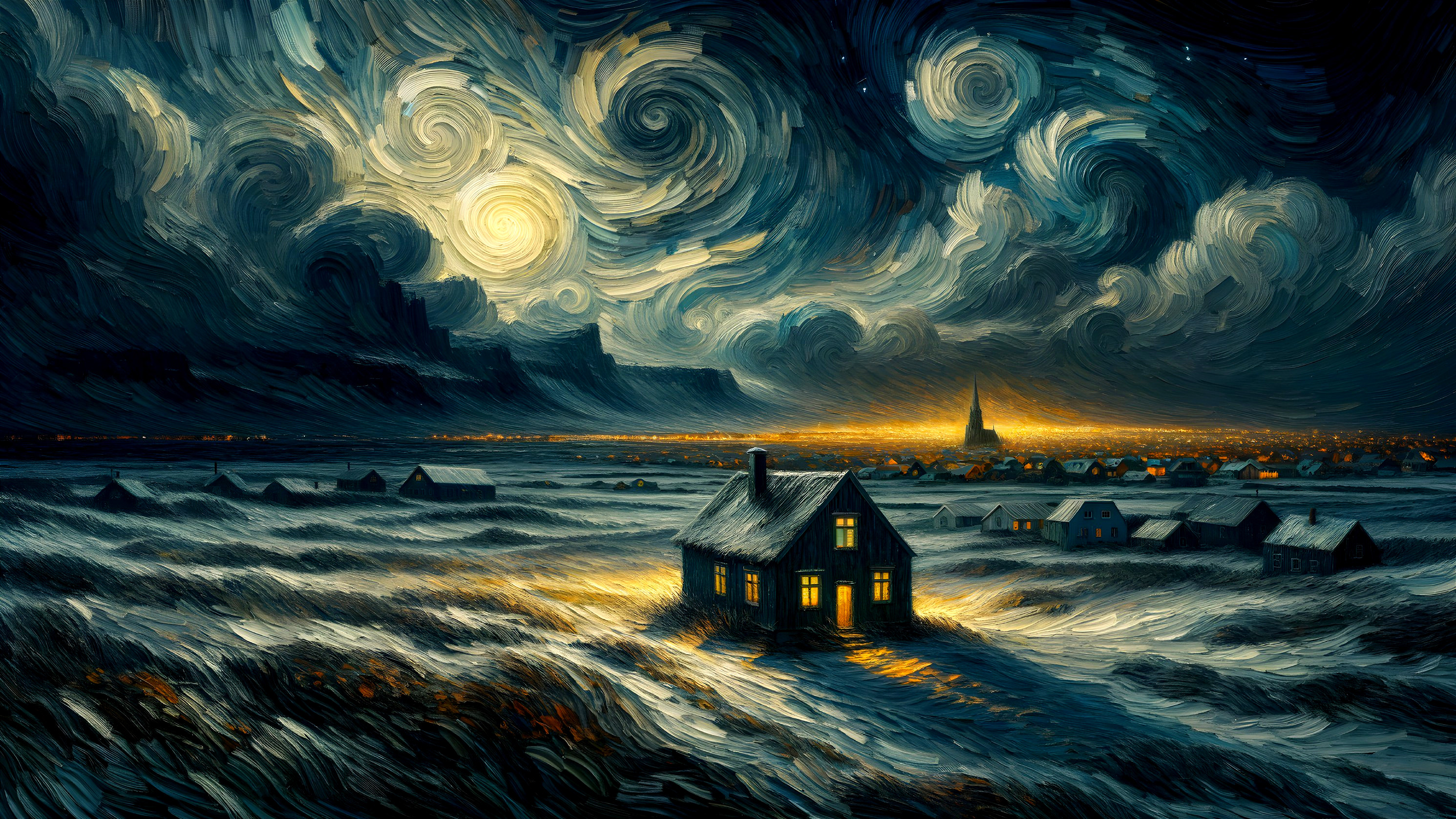 Winter Night Scene with Cozy House and Snowy Landscape