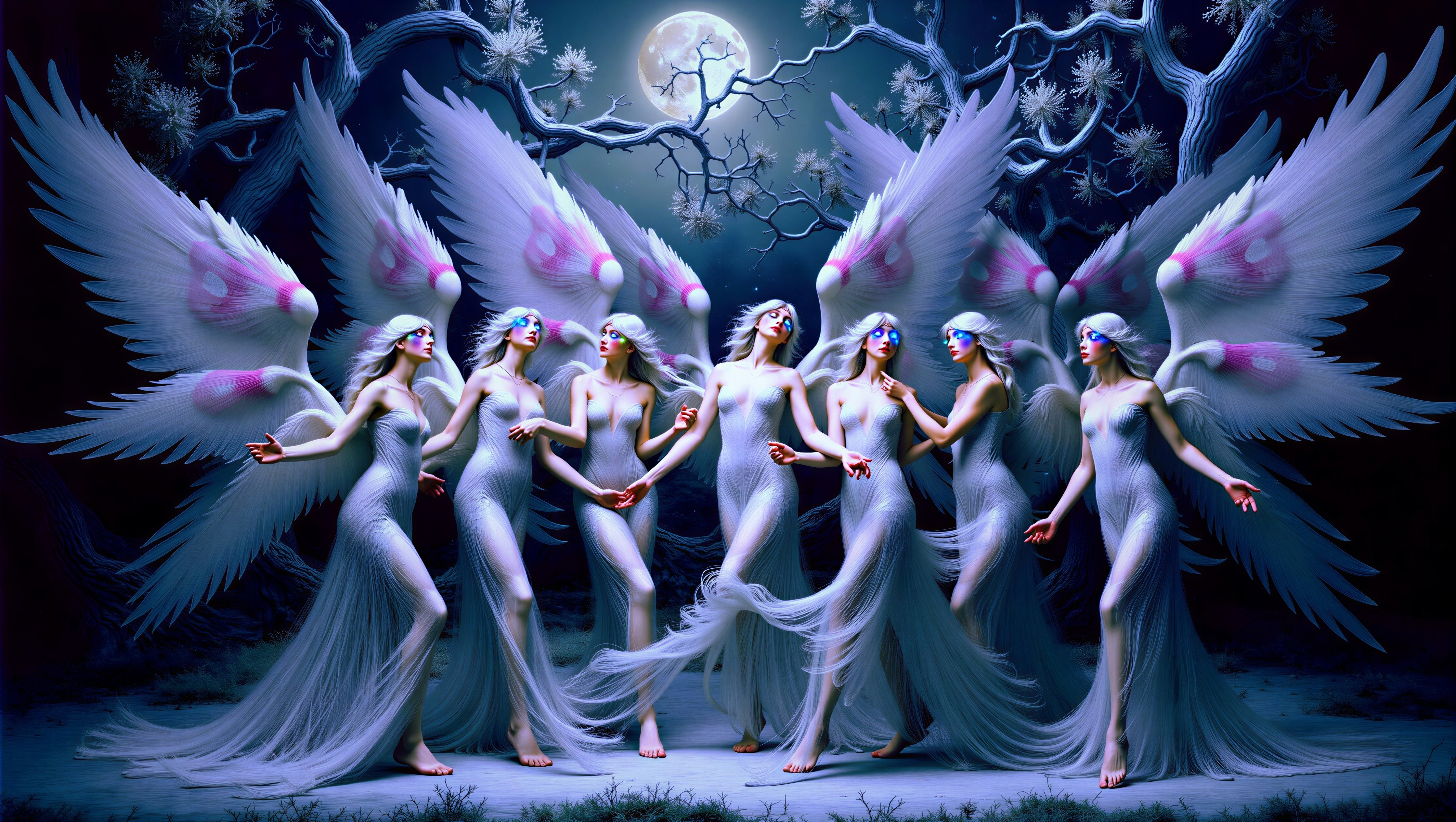 Ethereal Figures with Wings in Mystical Night Scene