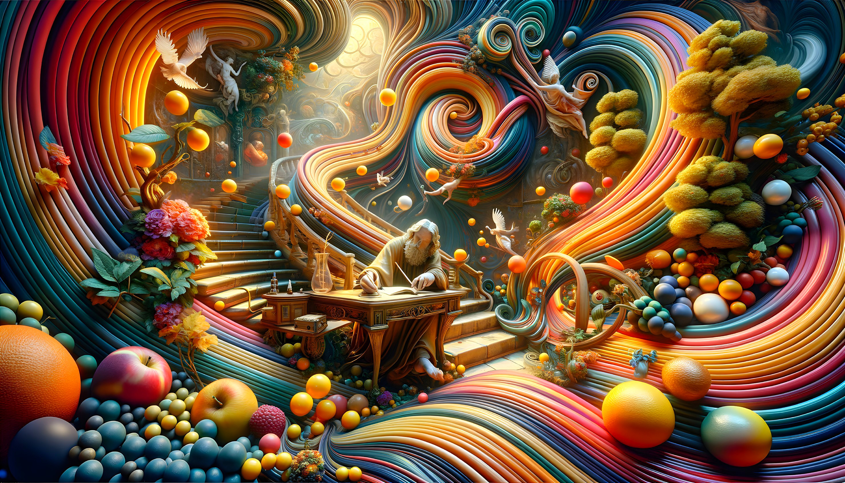 Surreal landscape with swirling patterns and colorful orbs reading person and fantastical trees and flowers.