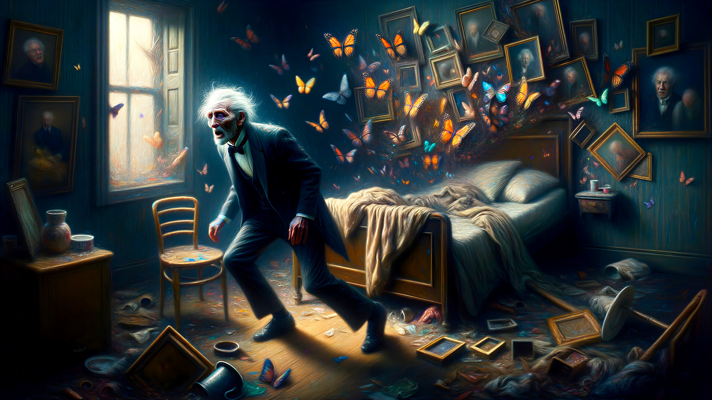 Old Man in Chaotic Room with Butterflies and Light