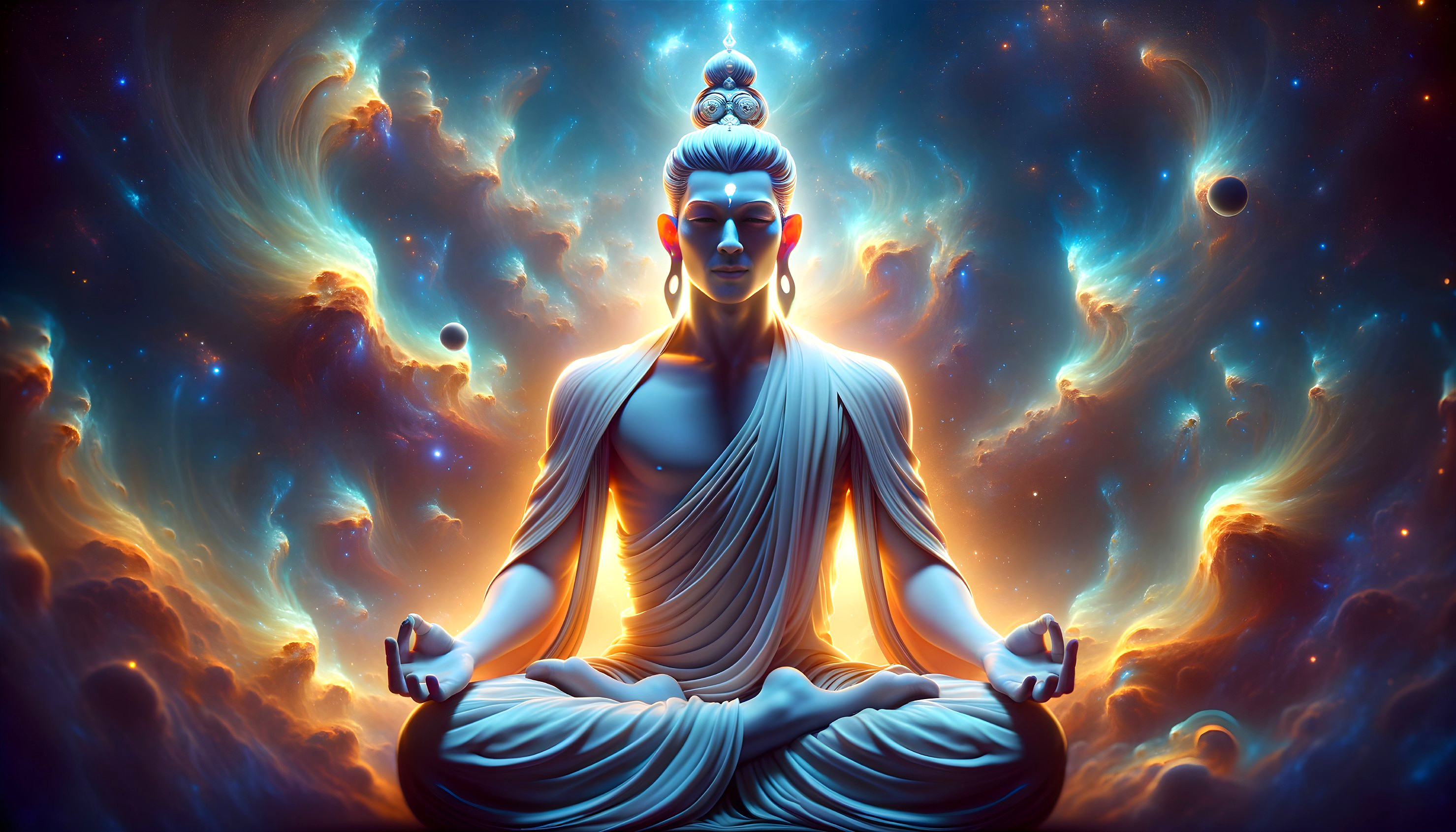 Buddha Statue in Cosmic Meditation with Vibrant Colors