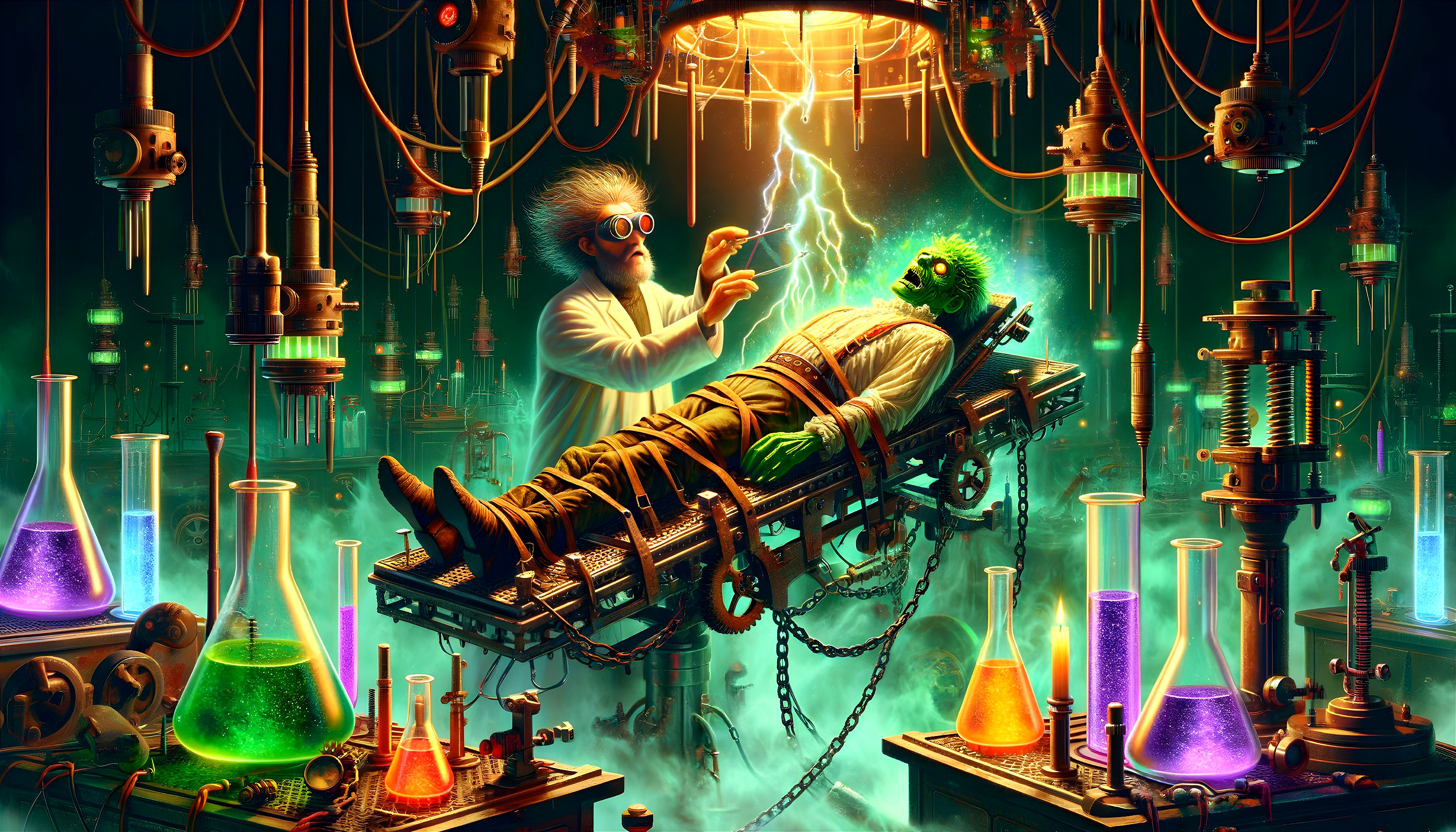 Mad Scientist Conducts Experiment on Green Creature