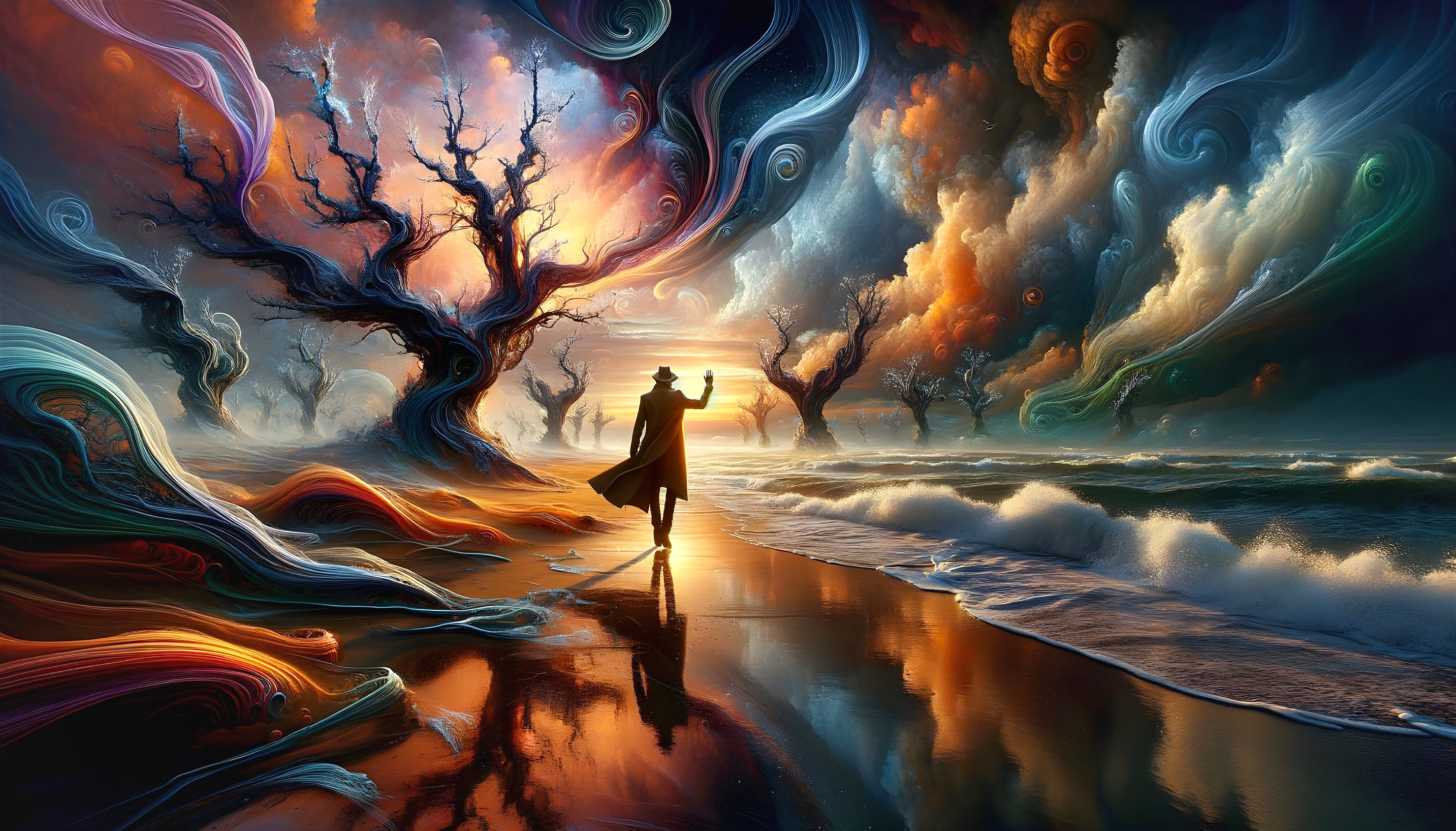 Mysterious Figure on Colorful Beach at Dusk