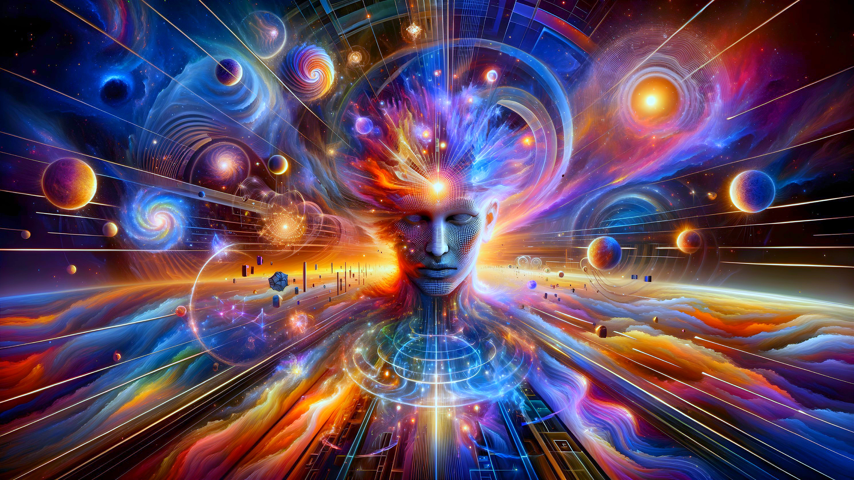 Ethereal Figure in Cosmic Landscape with Radiant Energy