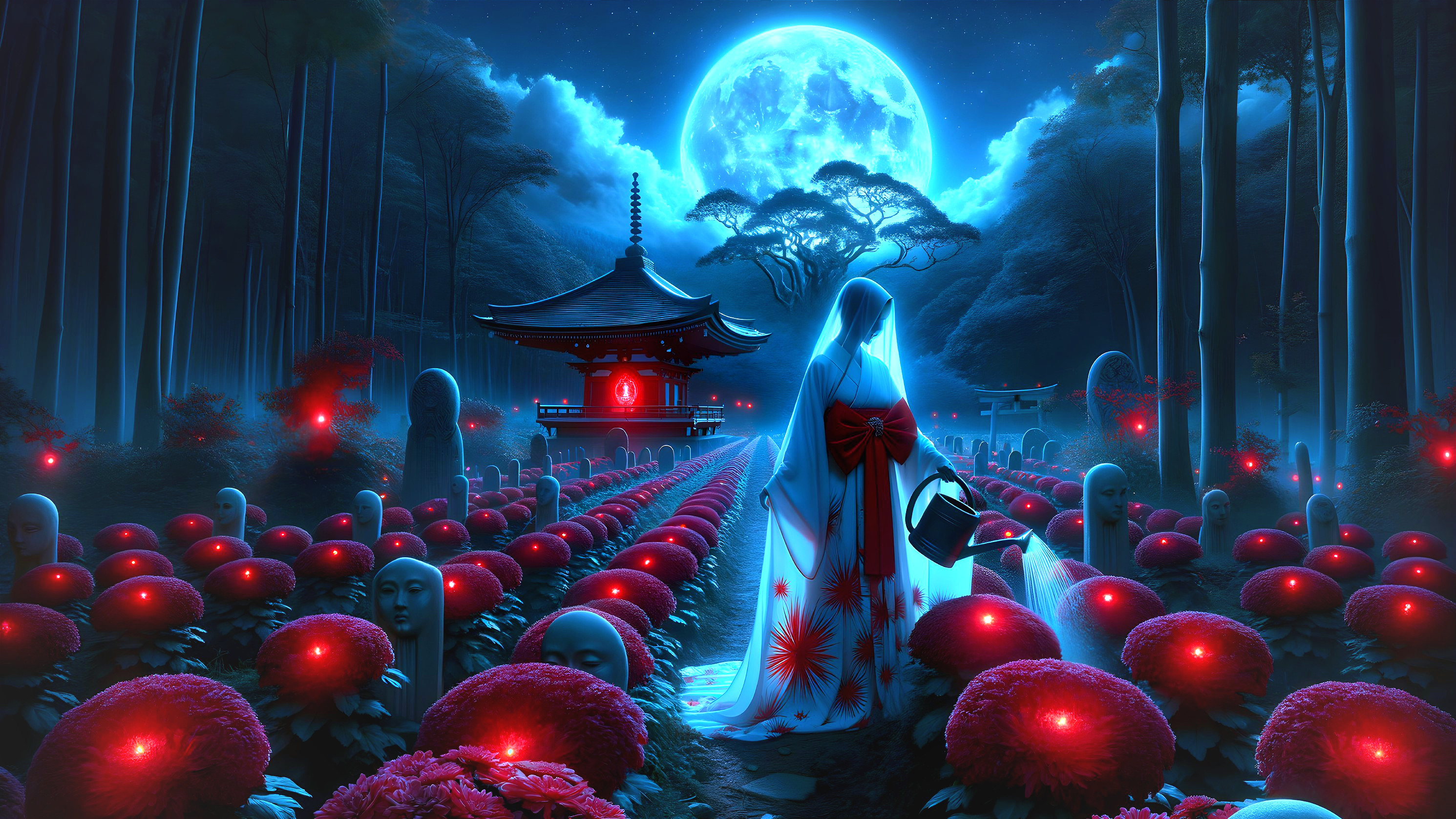 Mystical Landscape with Kimono Figure and Lanterns