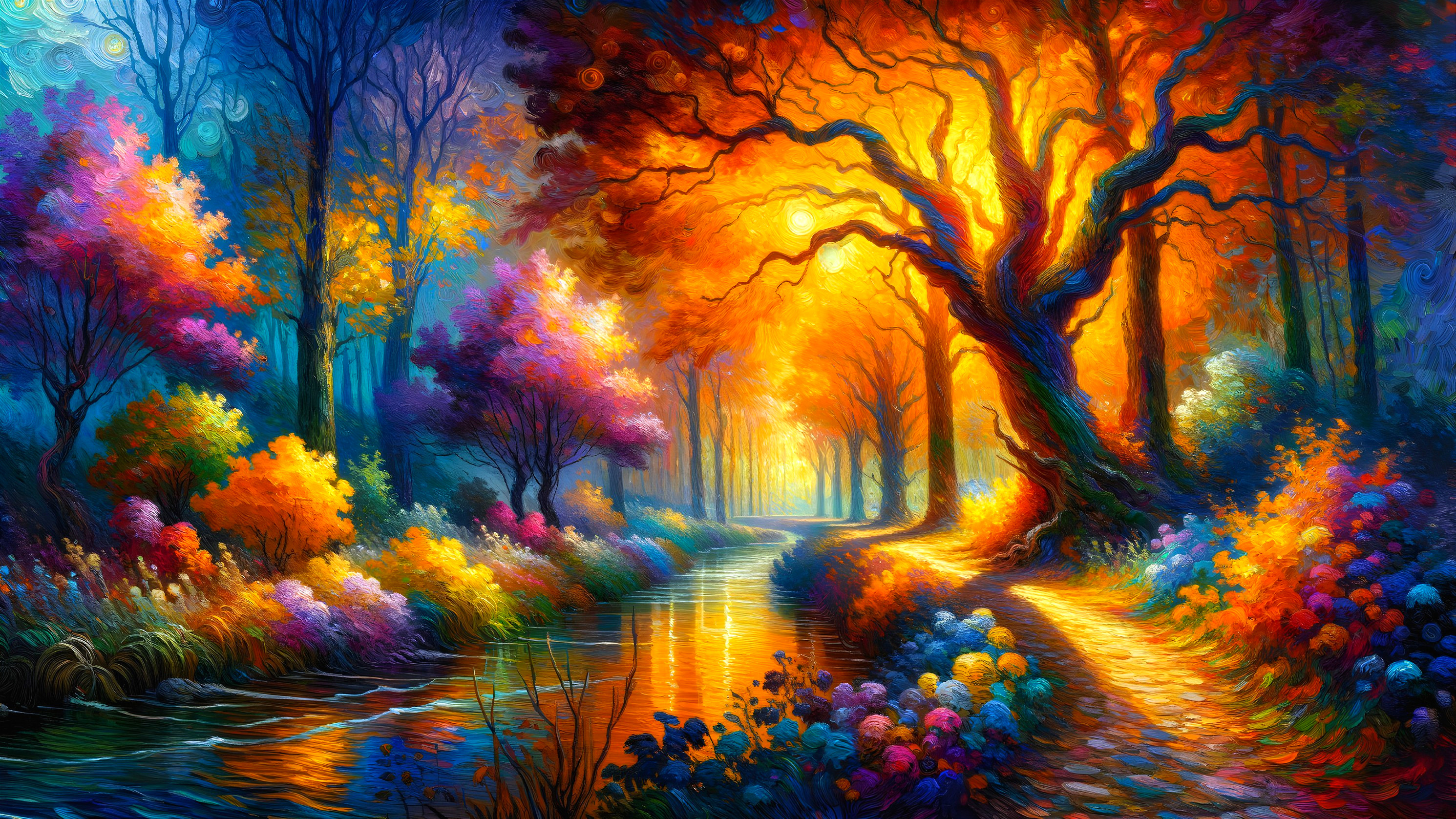 Vibrant autumn forest scene with colorful foliage and river
