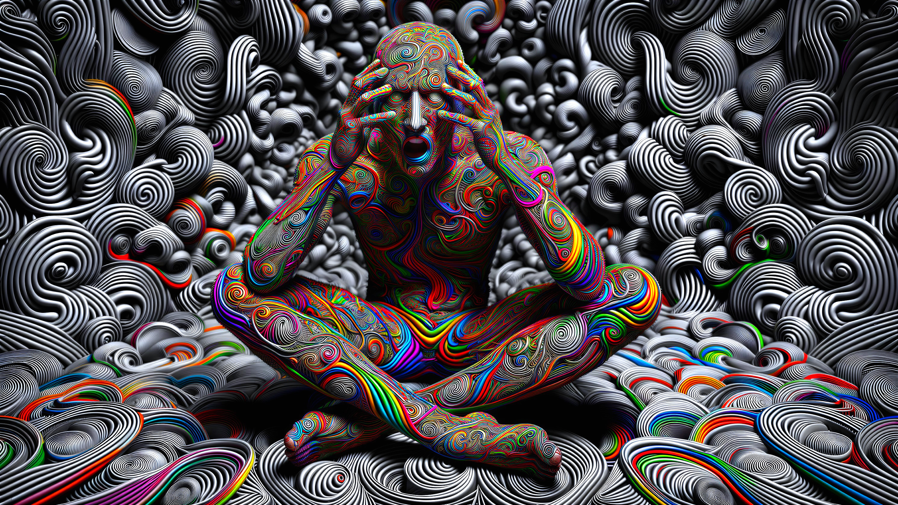 Colorful Patterns Surrounding Cross-Legged Figure