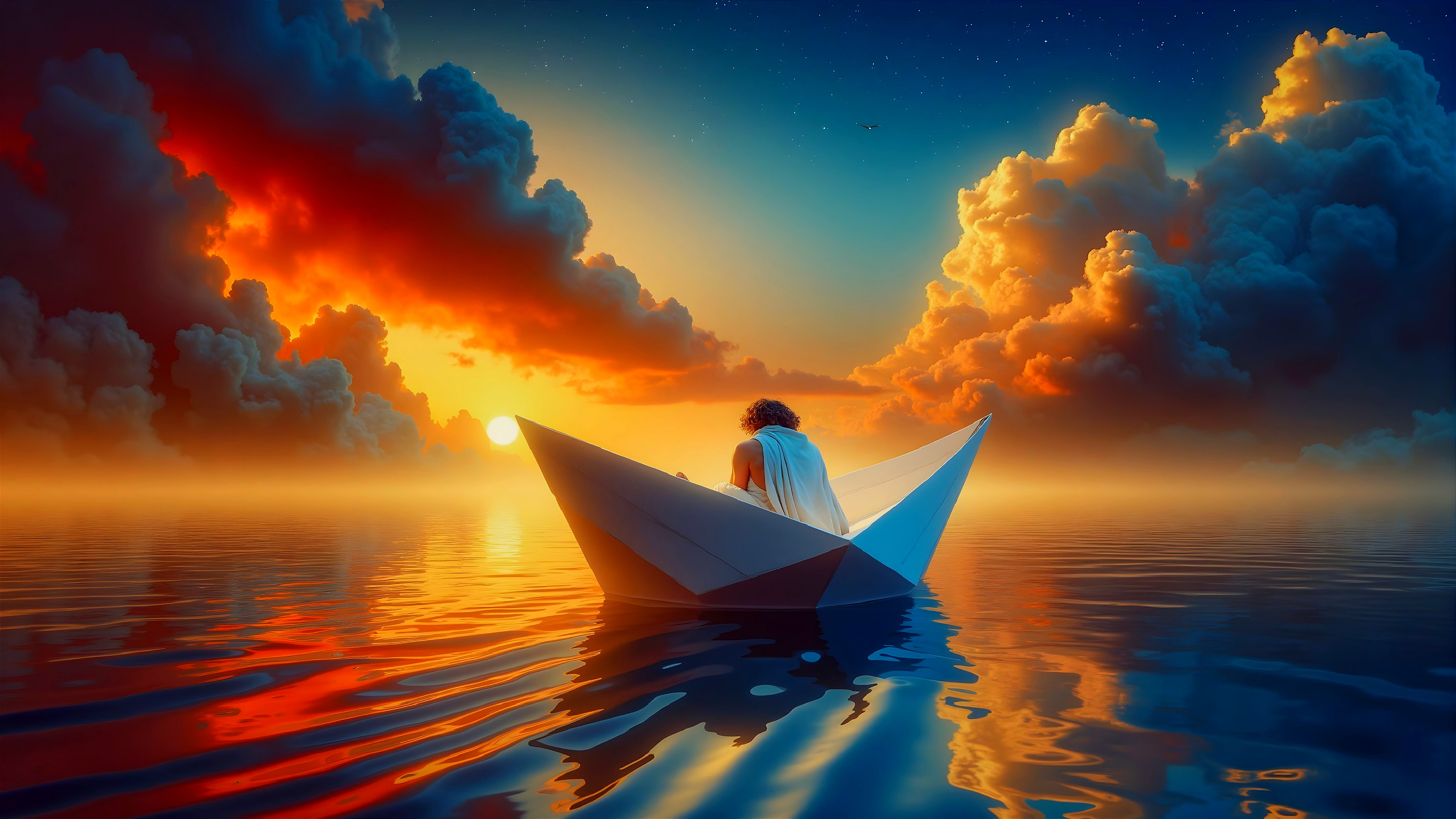 Solitary Figure in Origami Boat at Sunset Waters