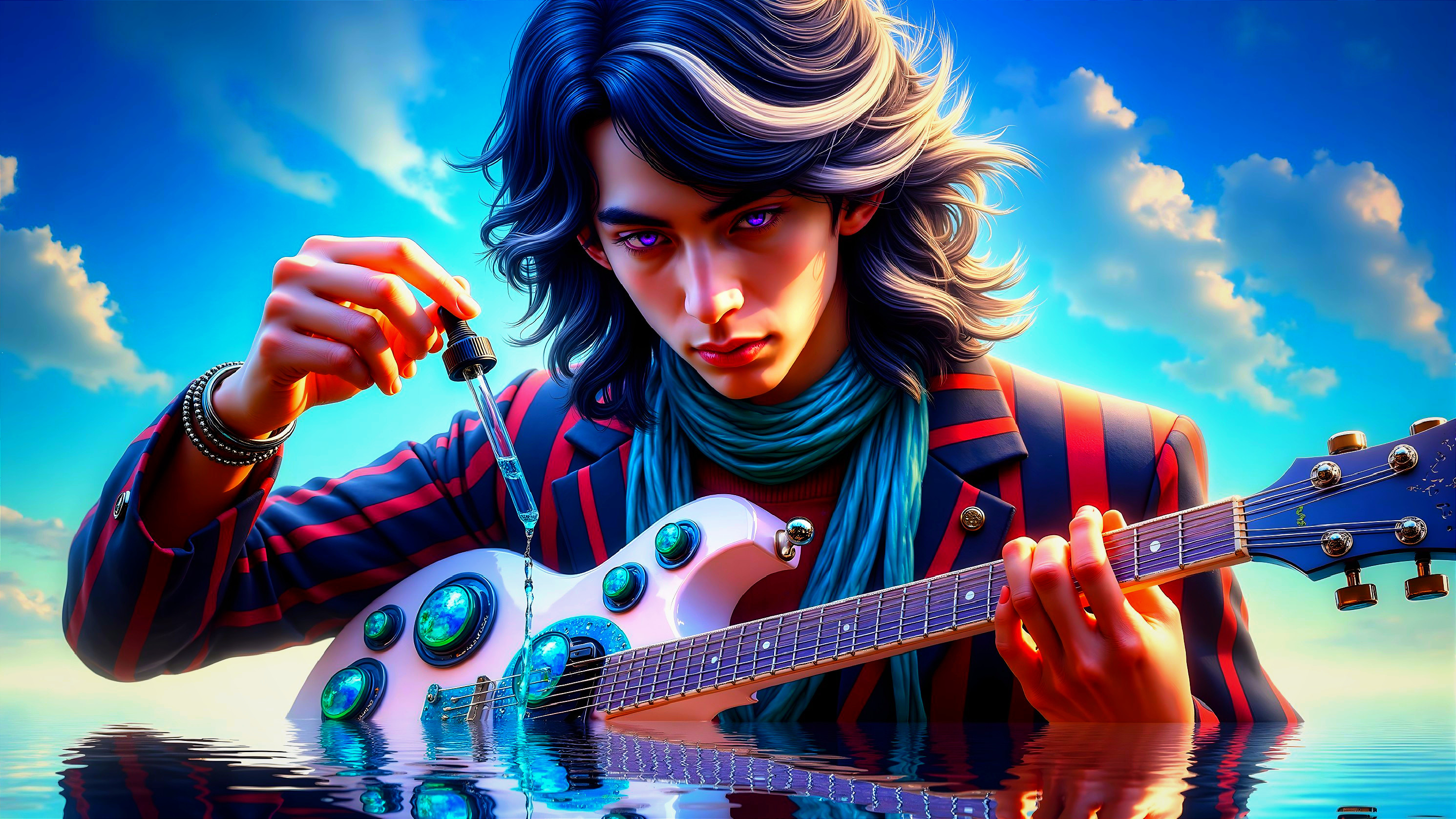 Young man with unique guitar in serene setting