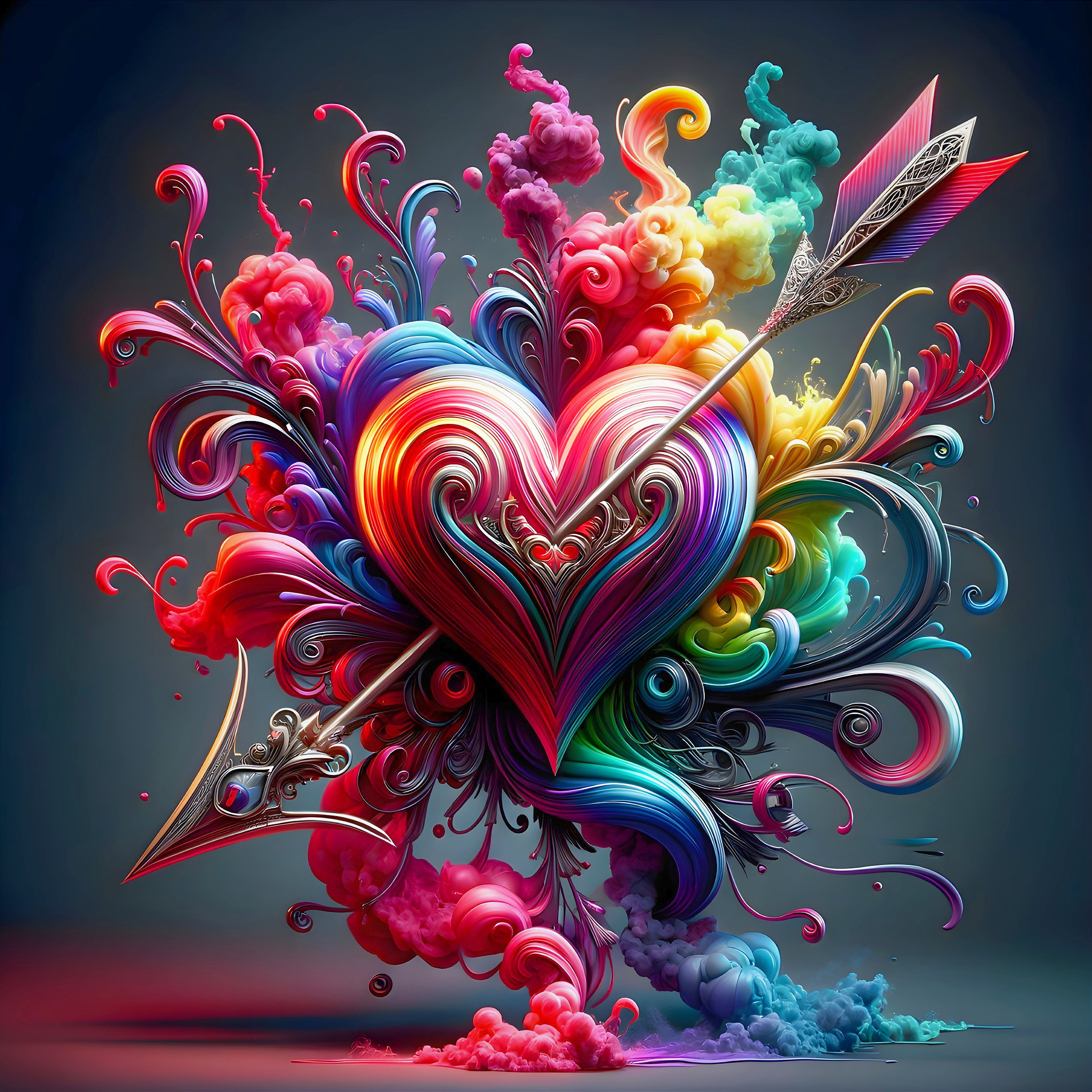 Colorful heart shape with swirls, quill, ink bottle, and paint splashes on muted