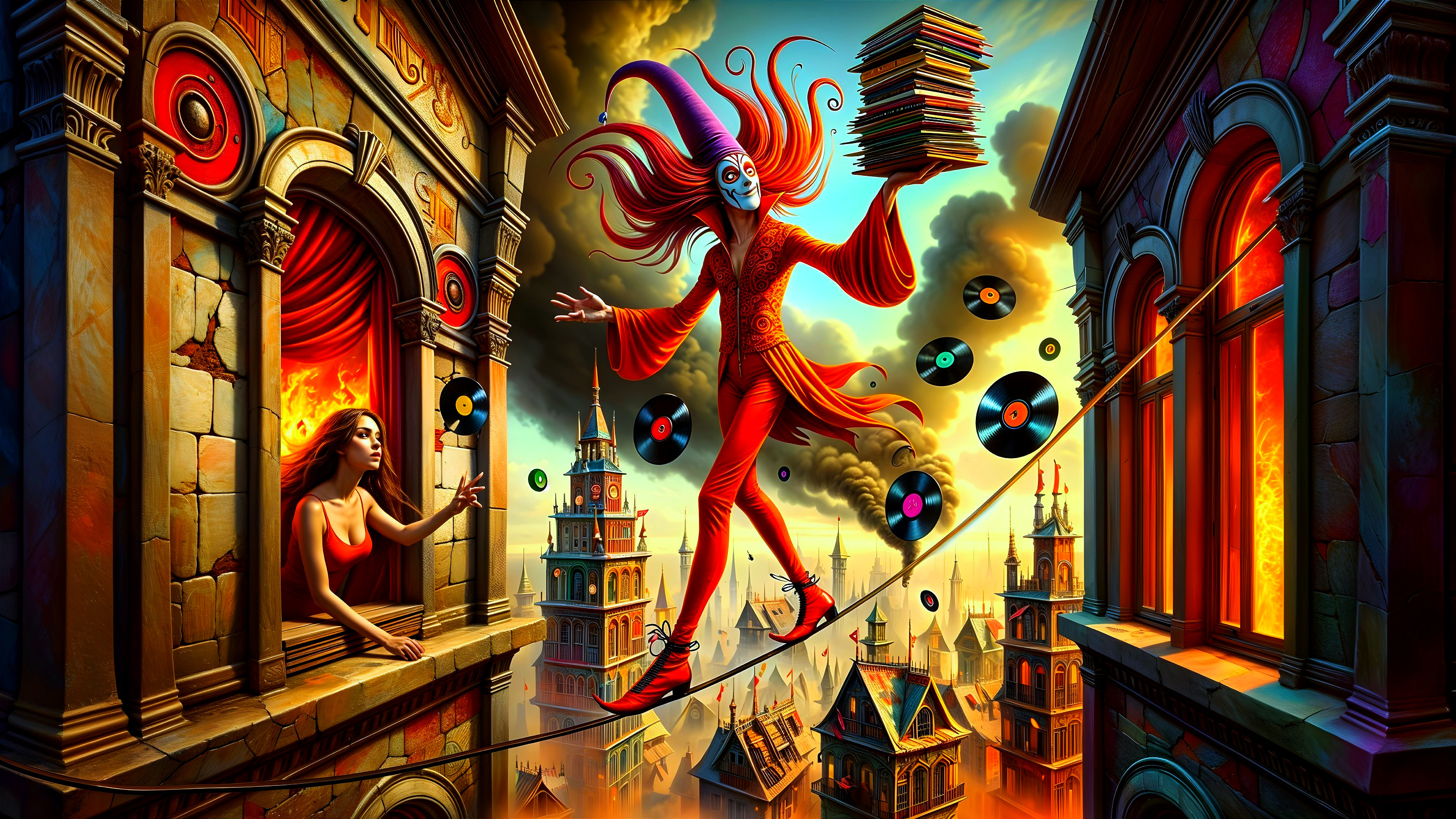 Surreal Scene of a Tightrope Performer and Books