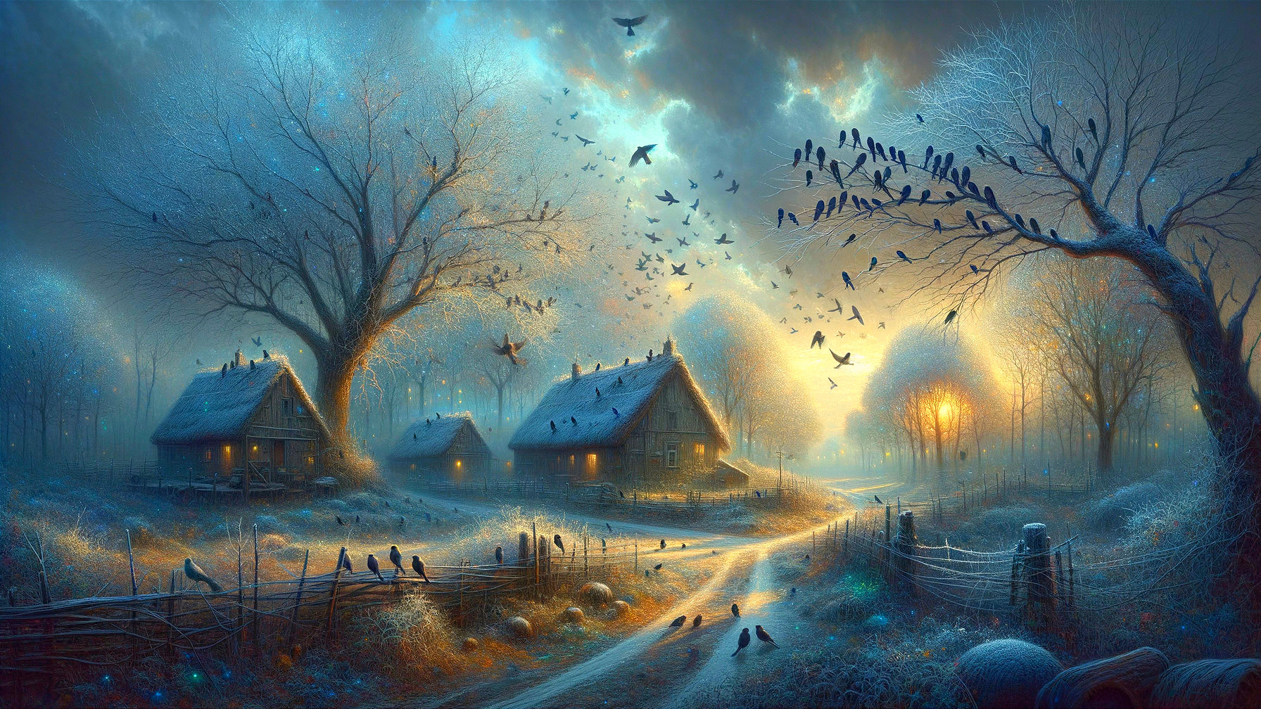 Winter Landscape with Cottages and Frosty Trees