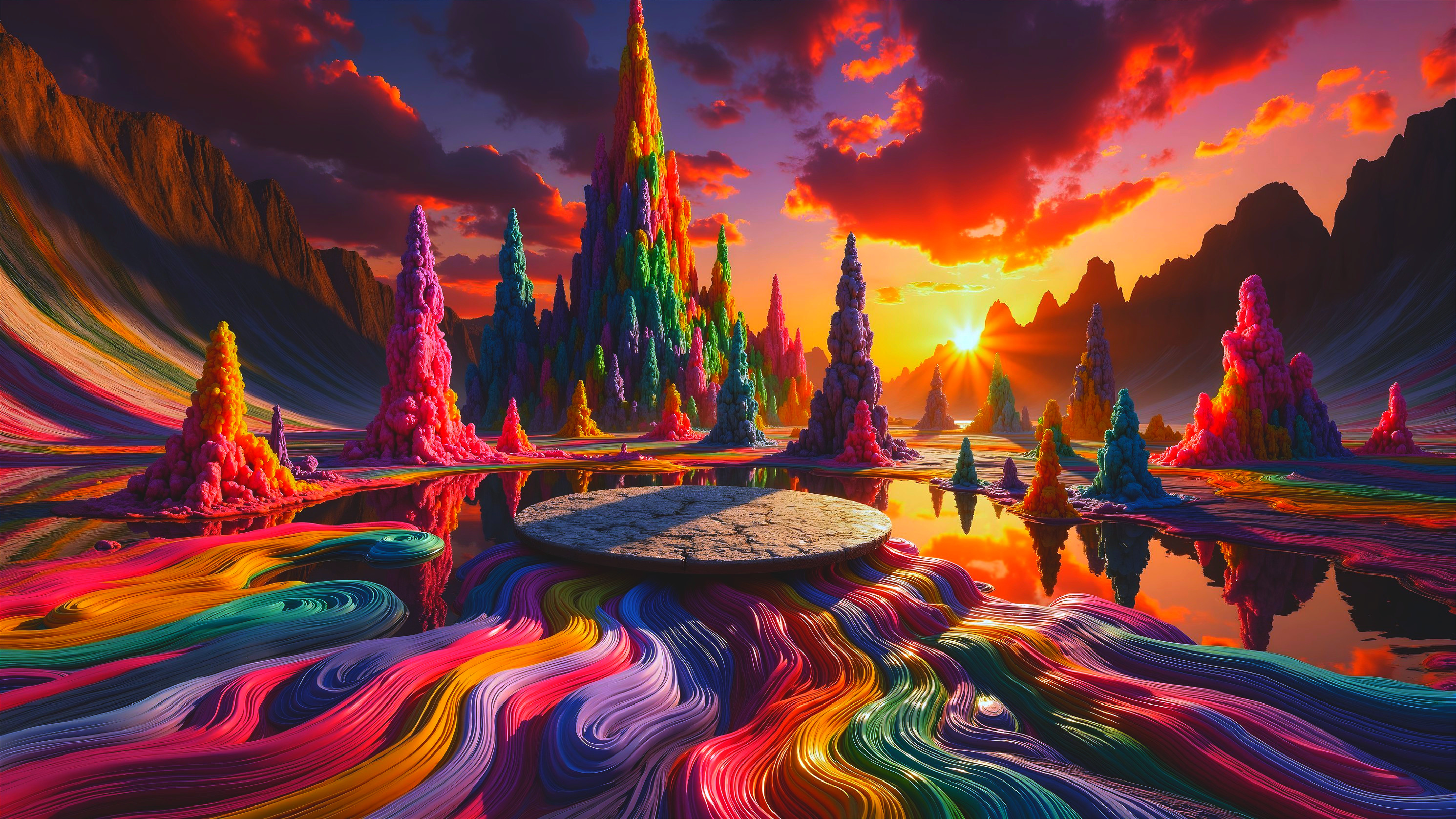 Vibrant Landscape with Colorful Rock Formations and Lake