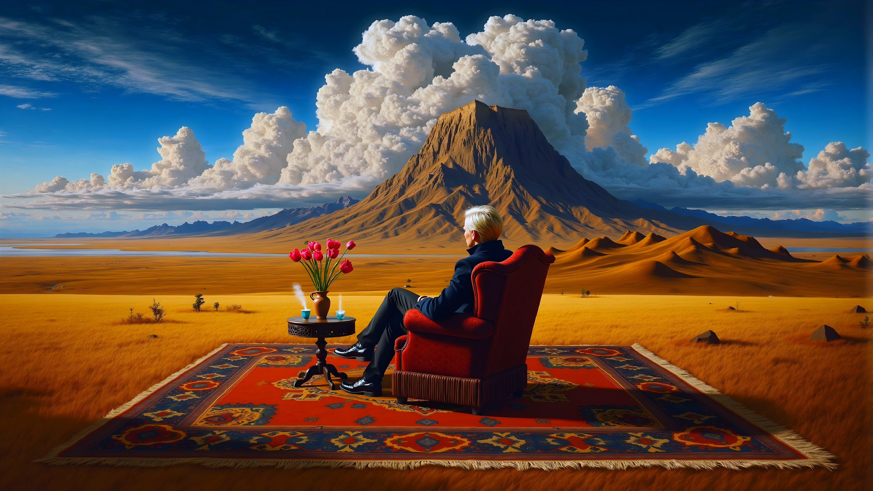 Serene Landscape with Mountain and Elegant Armchair